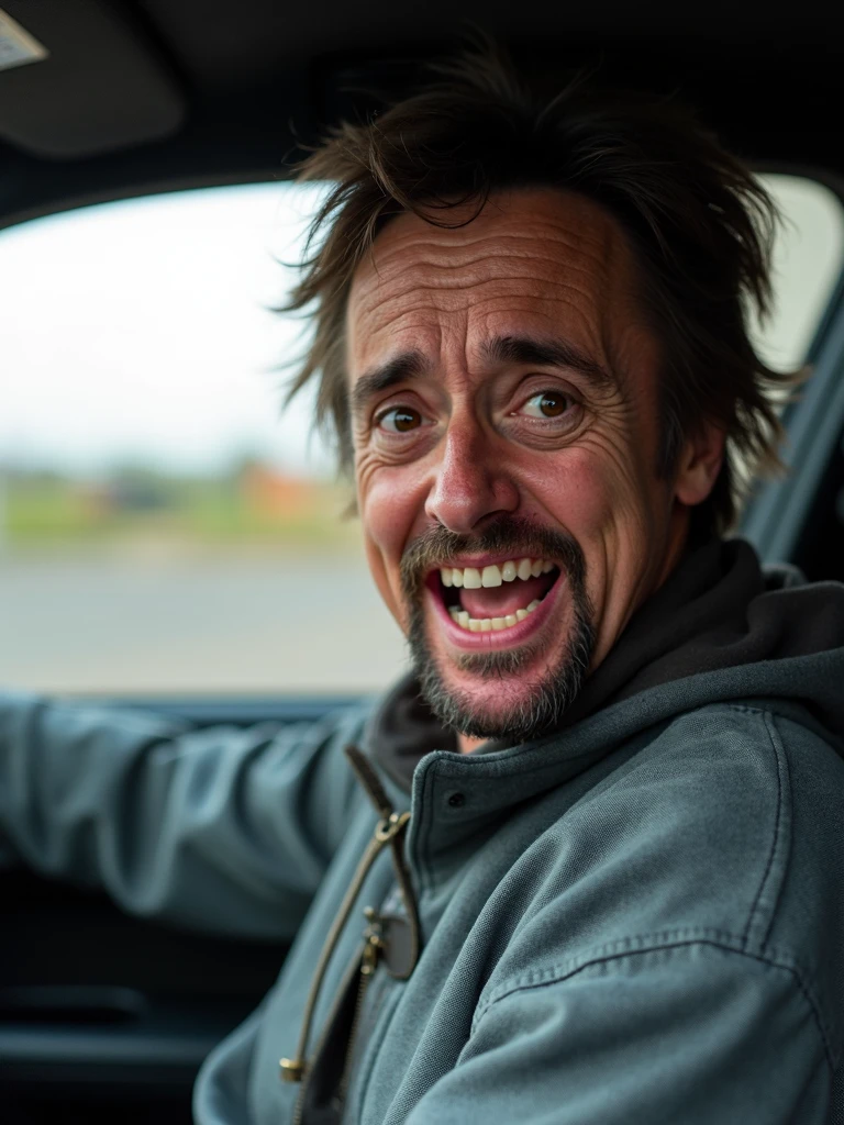 richardhammond, inside a car driving, screaming happily