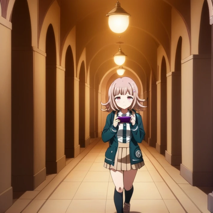 <lora:Chiaki_Nanami_SDXL:1>, A focus on Chiaki Nanami, This anime screencap is from Danganronpa the Animation. Chiaki Nanami is wearing her uniform from Danganronpa 2. Chiaki's hair slightly curls outwards, though the locks on either side of her face curl inwards. Chiaki Nanami's hair is a dusty light pink that is almost light brown. She has short straight bangs split towards the right, a white Galaga hairclip pinned to a lock of her hair. She has blossom pink eyes. She wears a white button-up shirt with a dark teal-gray front placket. She wears a light pink ribbon tied around her neck in a bow, with a pale beige pleated skirt. This also includes a one-button dark teal-gray hooded cardigan with gray horizontal lines running across the hem and sleeves, the Hope's Peak crest on the chest pocket. She also sports black thigh-high socks and light pink Mary-Jane style shoes with white soles. Chiaki Nanami is walking down a long hallway with a red carpet and several arched doorways on either side. The hallway extends into the distance and ends with a large, ornate double door. The wall is made of light brown stone with brown wooden trim around the doorways, and the archways are painted in a darker shade of brown. There is a white sign above the large doorway. There are several light fixtures on the wall and ceiling, all of which are emitting a warm white light. The floor is tile in a light brown color, and the hallway is lit by soft light, creating a sense of mystery and suspense. Chiaki Nanami holding a purple handheld gaming system in both of her hands and is playing a video game while she walks. Her gaze is focussed on the gaming system in her hands.