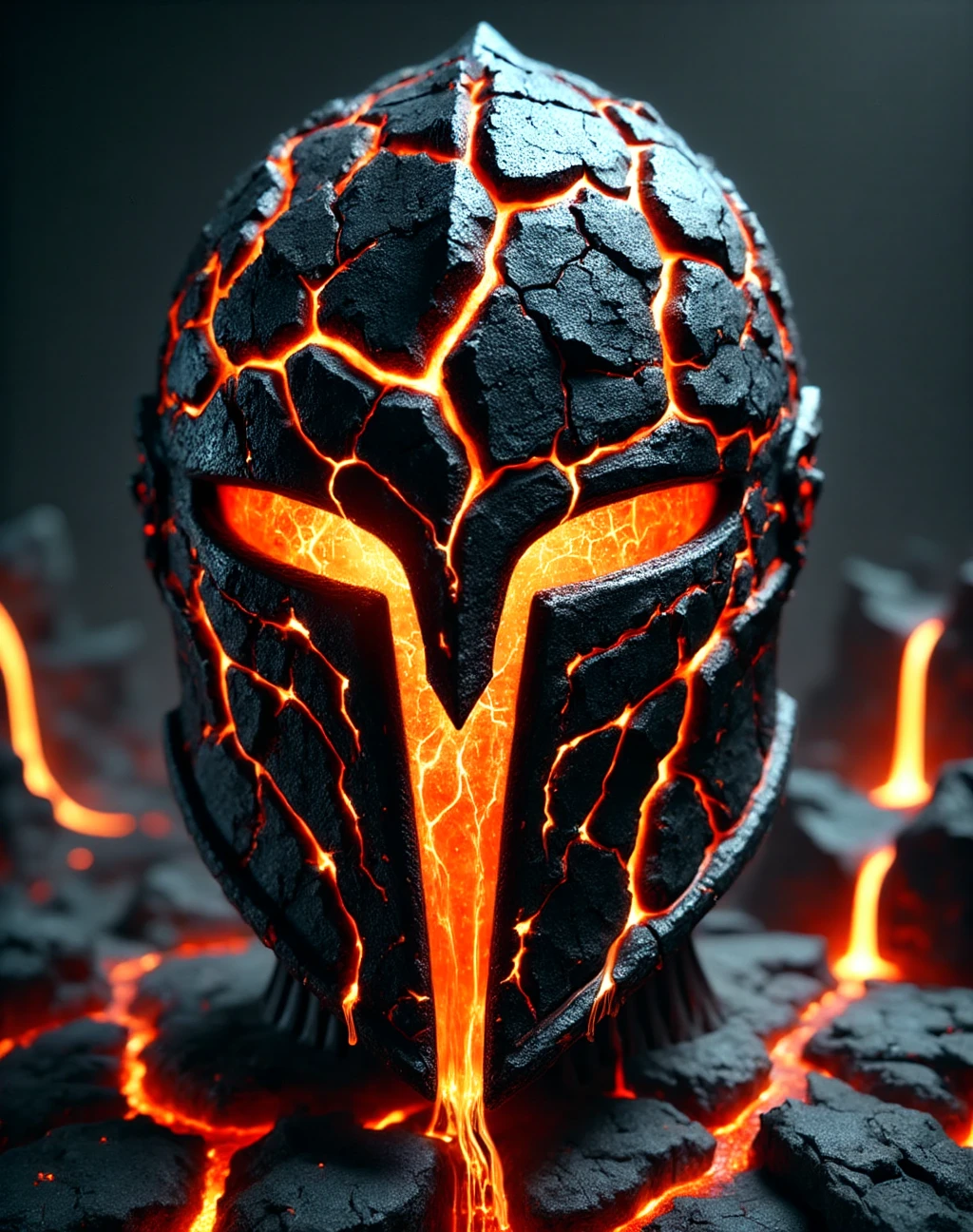 A helmet forged from black volcanic rock with fiery cracks of molten lava running through its surface. The eye slits glow with intense heat, and the edges of the helm drip with molten lava, creating a striking appearance.
The molten glow in the cracks, the structure of the helm, and its intimidating, fiery aesthetic