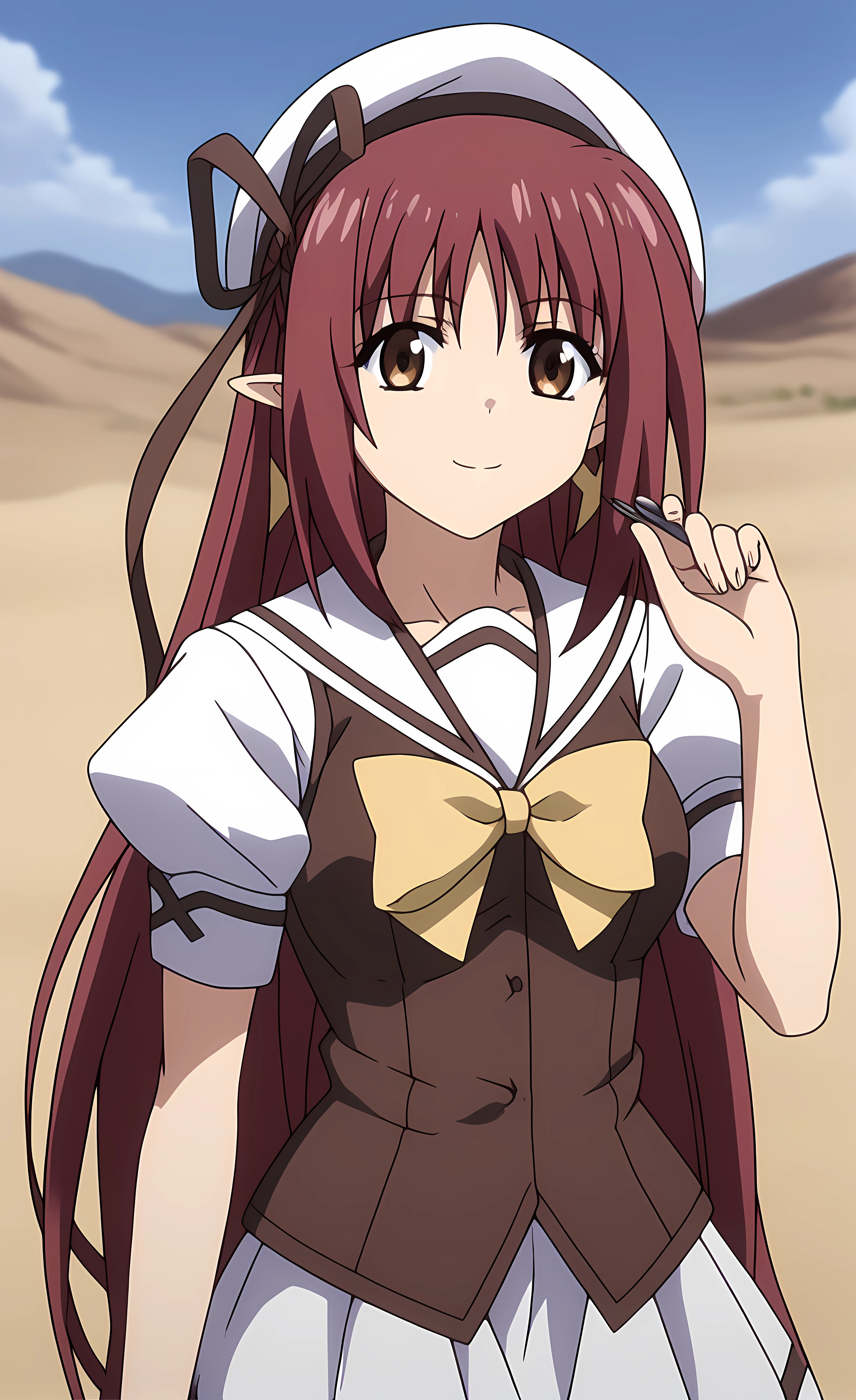 score_9, score_8_up, score_7_up source_anime,closed mouth, shiny skin, light smile,ohwx, 1girl, red_hair, long_hair, brown_eyes, solo, pointy_ears, school_uniform, ahoge, ribbon, bow, hat, very_long_hair, jewelry, solo_focus, puffy_sleeves, short_sleeves, serafuku, brown_hair, puffy_short_sleeves, yellow_bow, shirt, hair_ribbon, beret, sailor_collar, earrings, skirt, vest, dress, Posing as if catching a frisbee, desert,<lora:lisianthus_pony_sobsynapse-000009:0.8>