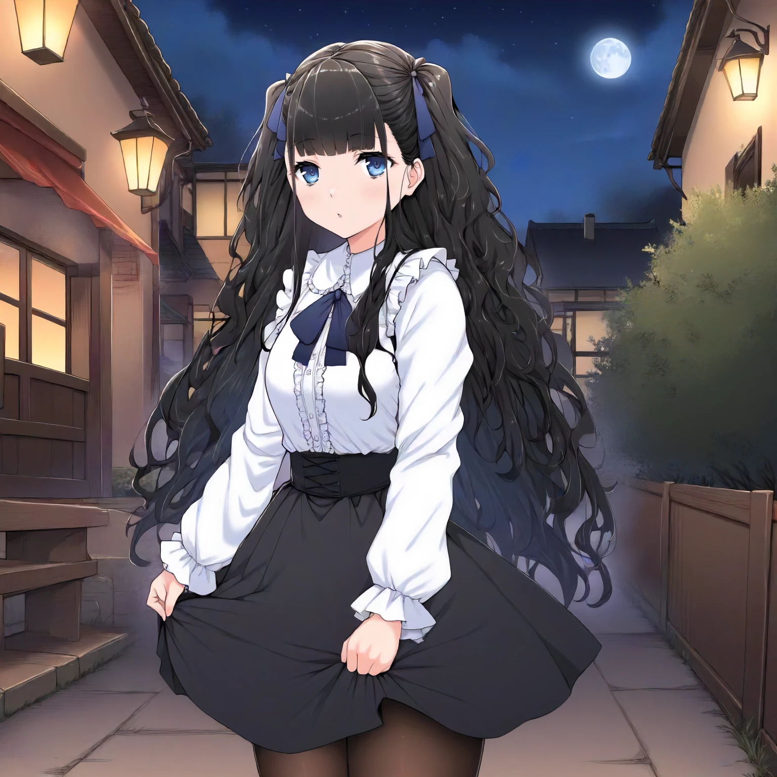 <lora:JJtYM_YusaXL006>,
outdoors,night,
solo,
Yusa,1girl,black hair,long hair,two -side up,blue eyes,
white shirt,frilled_shirt,
high west skirt,black skirt,
pantyhose,
standing,