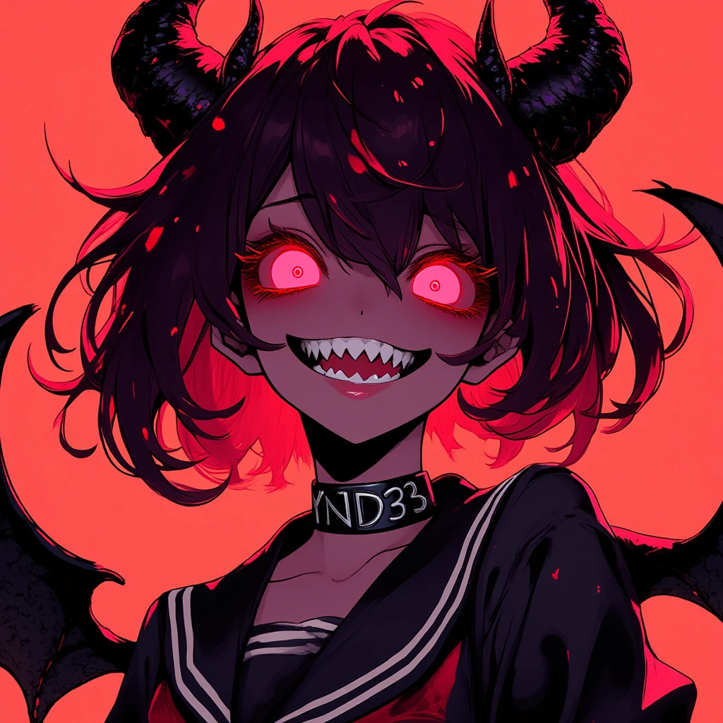 (extremely detailed fine touch:1.3), (2D:1.3), devil girl, (super very short hair:1.3), blunt bangs, (yellow glasses:1.3), underrim, headphones, devil wing, Tsurime Eyes, (glowing eyes:1.4), evil smile, (fangs:1.2), tongue out, mini dress, medium breasts, clavicle, cleavage, bat, hell