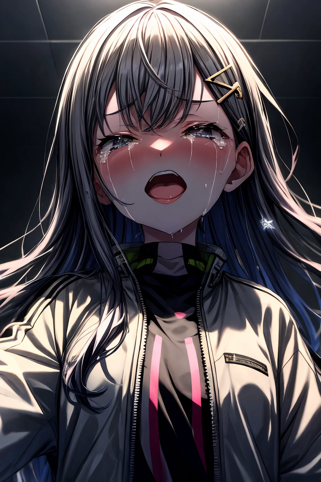 (masterpiece), best quality, expressive eyes, perfect face, shiraishi_an, blush, open mouth, shirt, hair ornament, long sleeves, jacket, closed eyes, upper body, open clothes, hairclip, tears, star (symbol), open jacket, crying, star hair ornament, <lora:2a82a2e5-0f1a-46a2-abe9-35b378f754b3:0.7>, <lora:more_details:0.7>