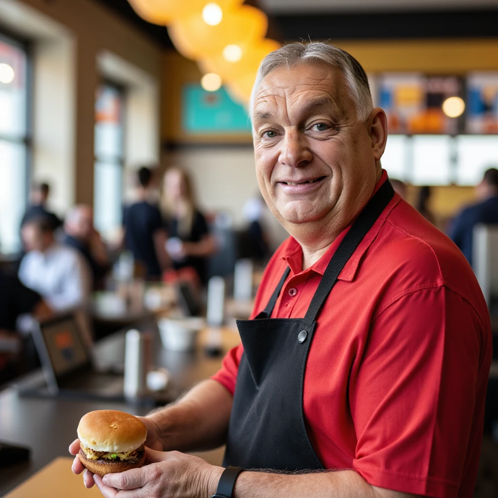 In this McDonald's restaurant, located in any town across America, we see 61-year-old Viktor orban behind the counter. He has been working here for years and is known for his warm personality and dedication to customer service. Despite his age, he moves with ease and grace, greeting customers with a smile and a friendly voice. As you watch him work, you can't help but notice how at home he seems in this environment - a true testament to his love of serving others.