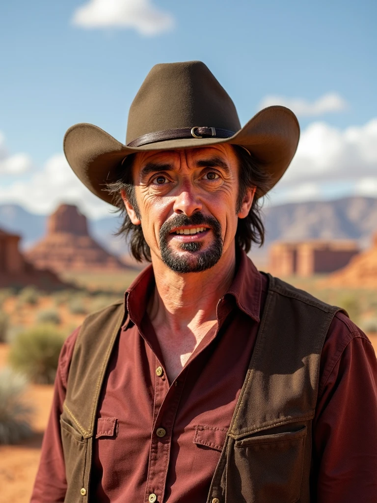 richardhammond, posing wearing a cowboy outfit in the desert