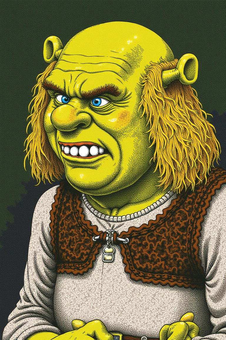 Shrek, Blonde hair,(best quality, masterpiece:1.4), (ultra high resolution:1.4), extremely detailed .,R.Crumb Style