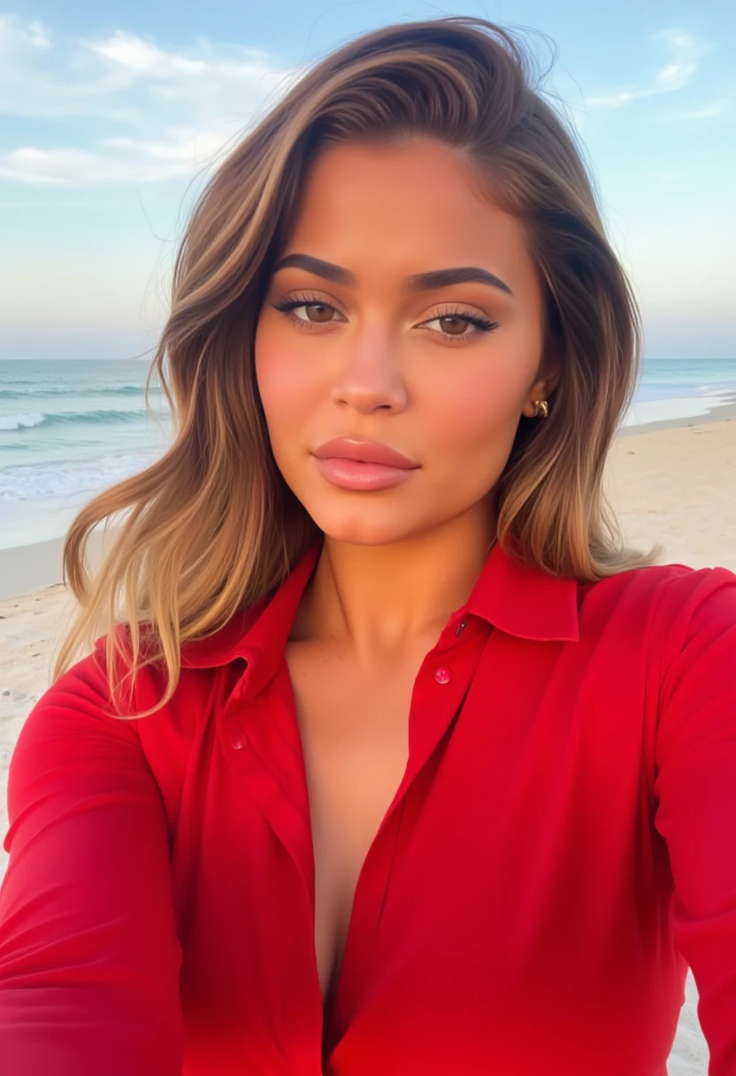 woman, light makeup,  conservative red shirt, beach, selfie, kyl13