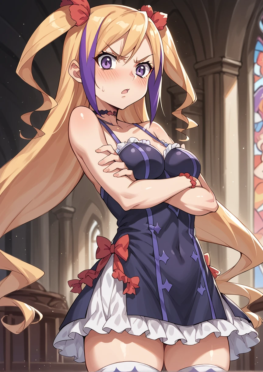 1girl, long hair, multicolored hair, blonde hair, purple hair, two side up, hair ornament, choker, wristband, short dress, thighhighs, indoors, mansion, crossed arms, tsundere, chestnut mouth, blush <lora:Jacqueline_Baumgold_Dragonaut:1>, score_9, score_8_up, score_7_up, score_6_up, score_5_up, score_4_up, BREAK source_anime, masterpiece