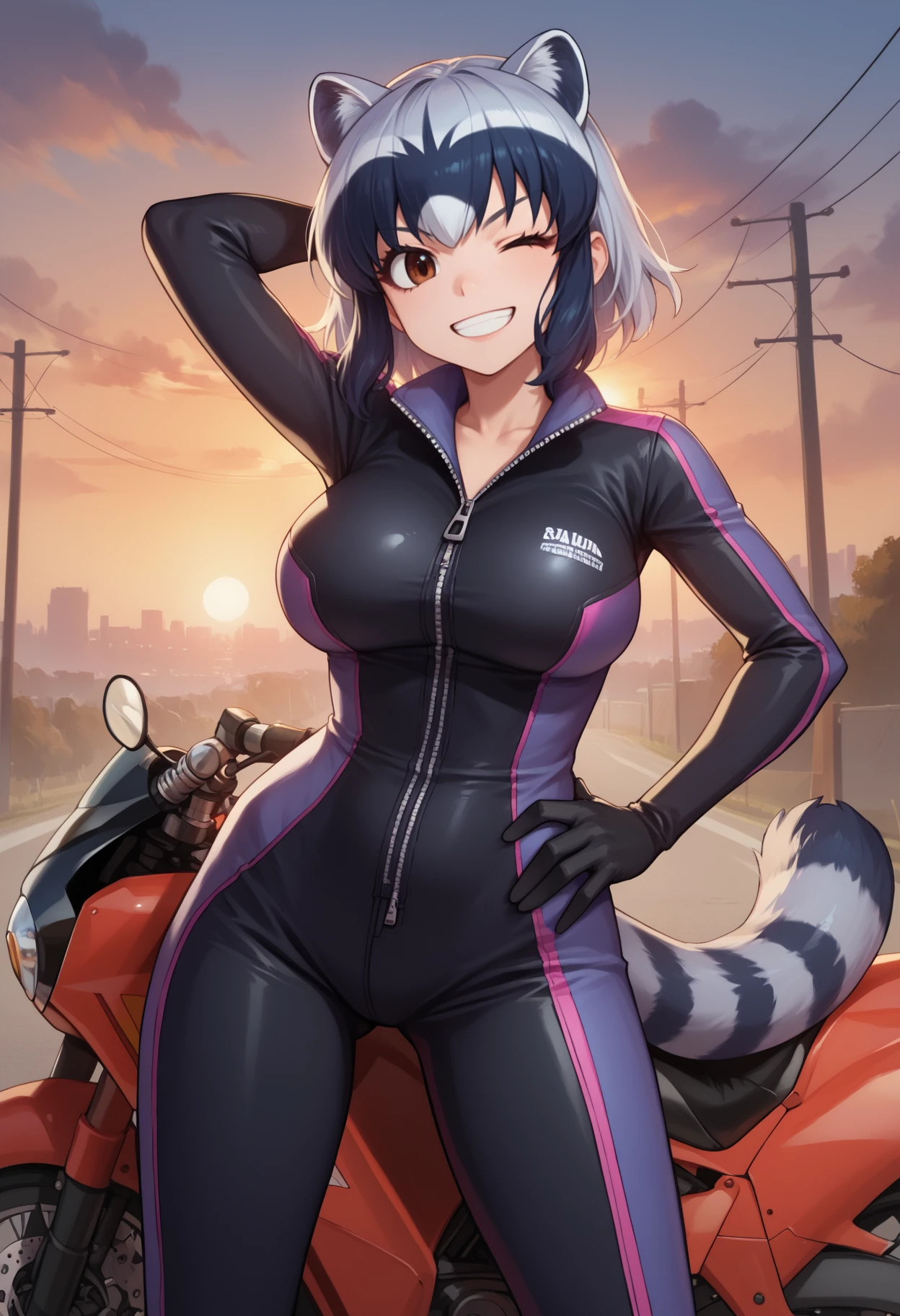 score_9, score_8_up, score_7_up, source_anime, <break> ground vehicle, motorcycle, solo, 1girl, c0mmonracc00n, raccoon tail, striped tail, grin, looking at you, standing, arm behind head, hand on own hip, raccoon ears, extra ears, one eye closed, biker clothes, bikesuit, black bodysuit, zipper, black gloves, large breasts, sunset, cloud, outdoors, city
<segment:yolo-face_yolov8m.pt,0.4,0.5//cid=1>