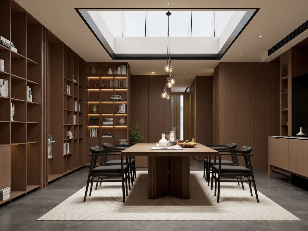 The image shows a modern and luxurious dining room with a large wooden table in the center. The table is **** of dark wood and has a unique design with a curved top and a long,rectangular base. It is surrounded by six black chairs with a modern design. On the left side of the table,there is a large bookshelf with multiple shelves filled with books,vases,and other decorative items. The shelves are arranged in a way that creates a sense of depth and dimension.,
The room has a high ceiling with a skylight,allowing natural light to enter the space. The floor is covered with a beige area rug,and there are several pendant lights hanging from the ceiling. The walls are **** of wood,and the floor is tiled in a dark grey color. The overall aesthetic of the room is elegant and sophisticated.,