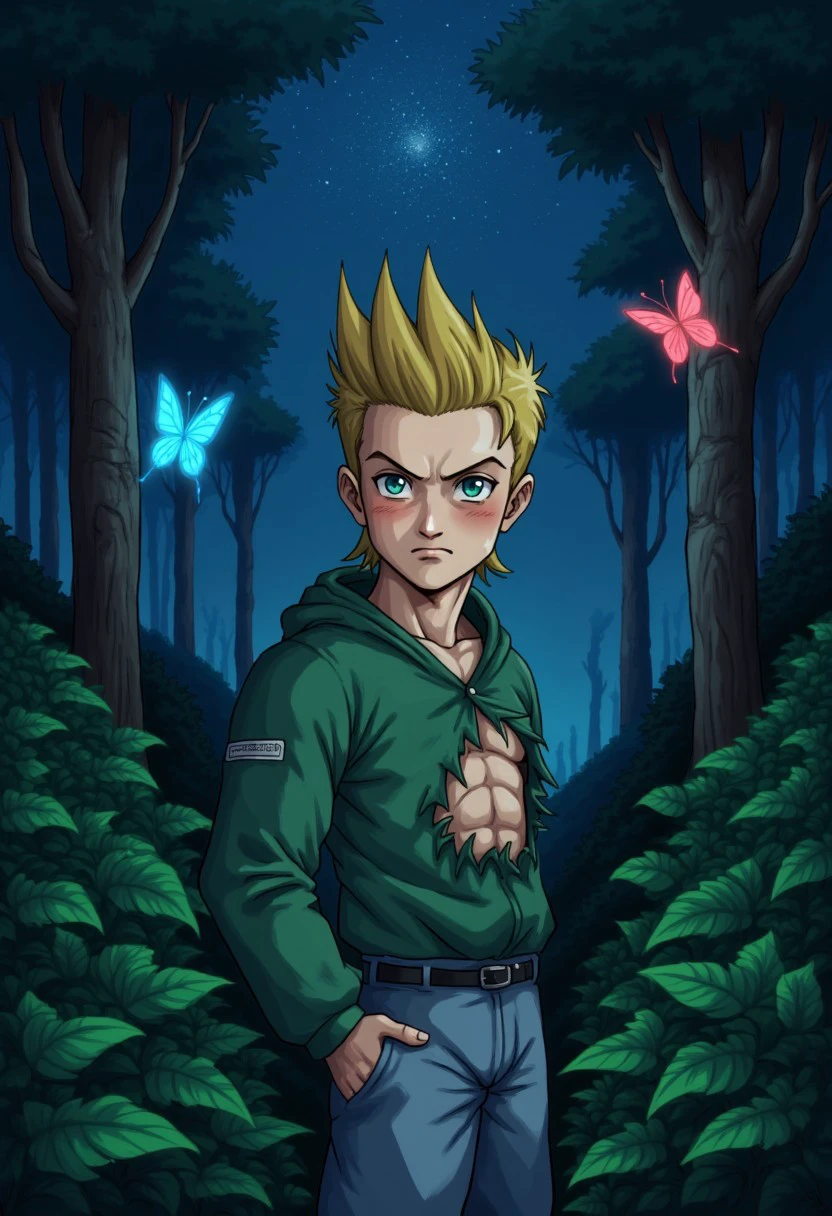 A Young man blonde hair green chaket whith hood and grey pants and black boots and green and blue eyes the chaket is broken and exposed the abs
BRAKE 
in alien forest, iluminated colors butterflys, night time, very stars in the sky