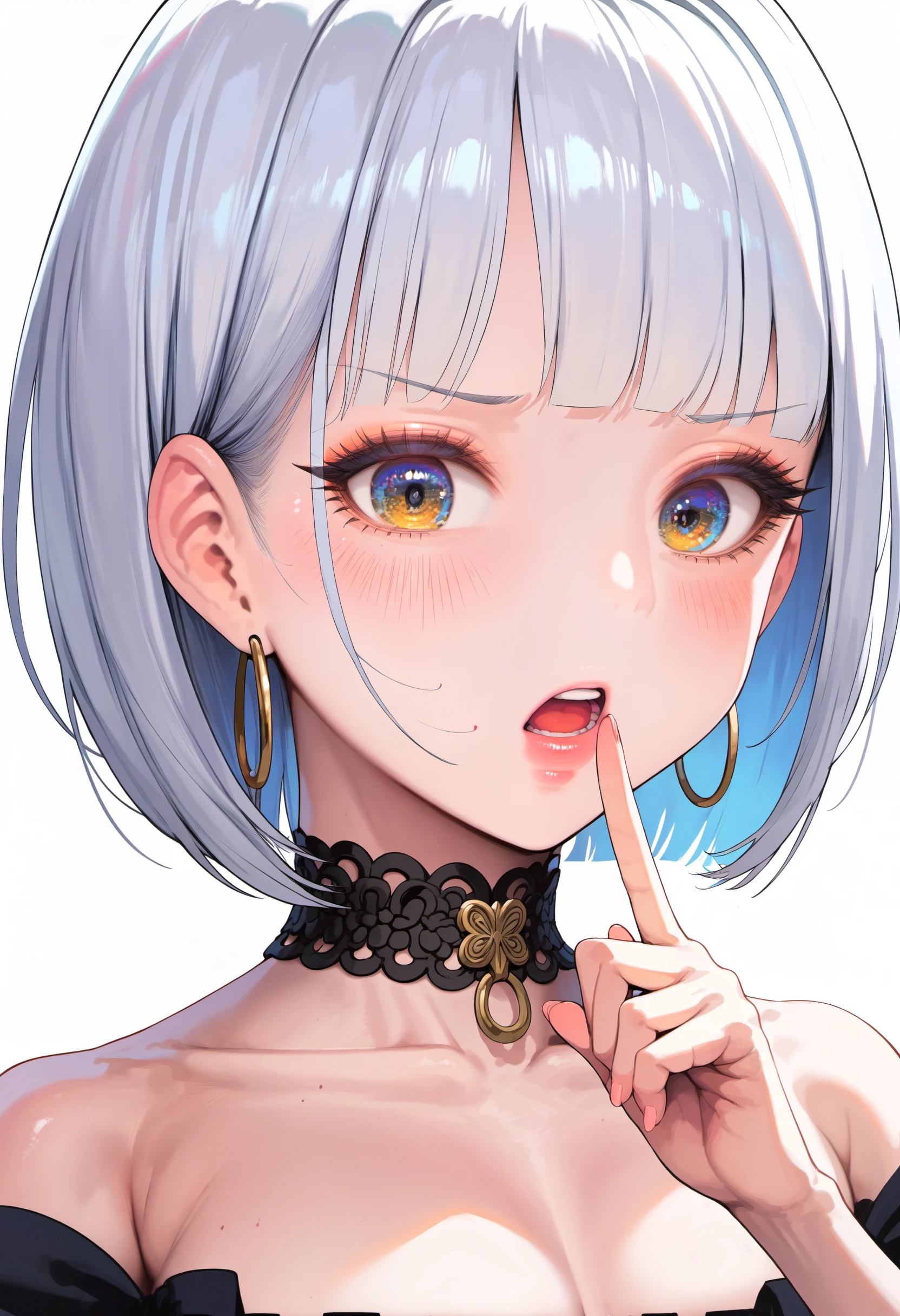 score_9, source_anime, score_8_up, score_7_up,   <lora:hyullapony_v4-000014:0.85>,hyullav1,(shushing:1.3),1girl,portrait,looking at viewer,multicolored eyes,white hair, bob cut,choker,blush,hoop earrings,finger to mouth,