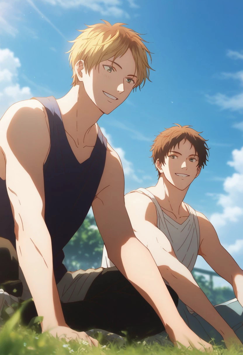 score_9, score_8_up, score_7_up, source_anime, rating_safe, YagiGIVEN, black_Yagi_hair, black eyes, tank top, 3rdboy, gay couple focus, HiiragiGIVEN, [brown-blonde_Hiiragi_multicolored hair, yellow_Hiiragi_slit pupil eyes], 1stboy, shorts, casual clothes, looking at another, wide smile, best friends, sitting, hands with five fingers, blurry outdoors, grass, scenery, cute wallpaper, happy-cheery, realistic shading, from below,