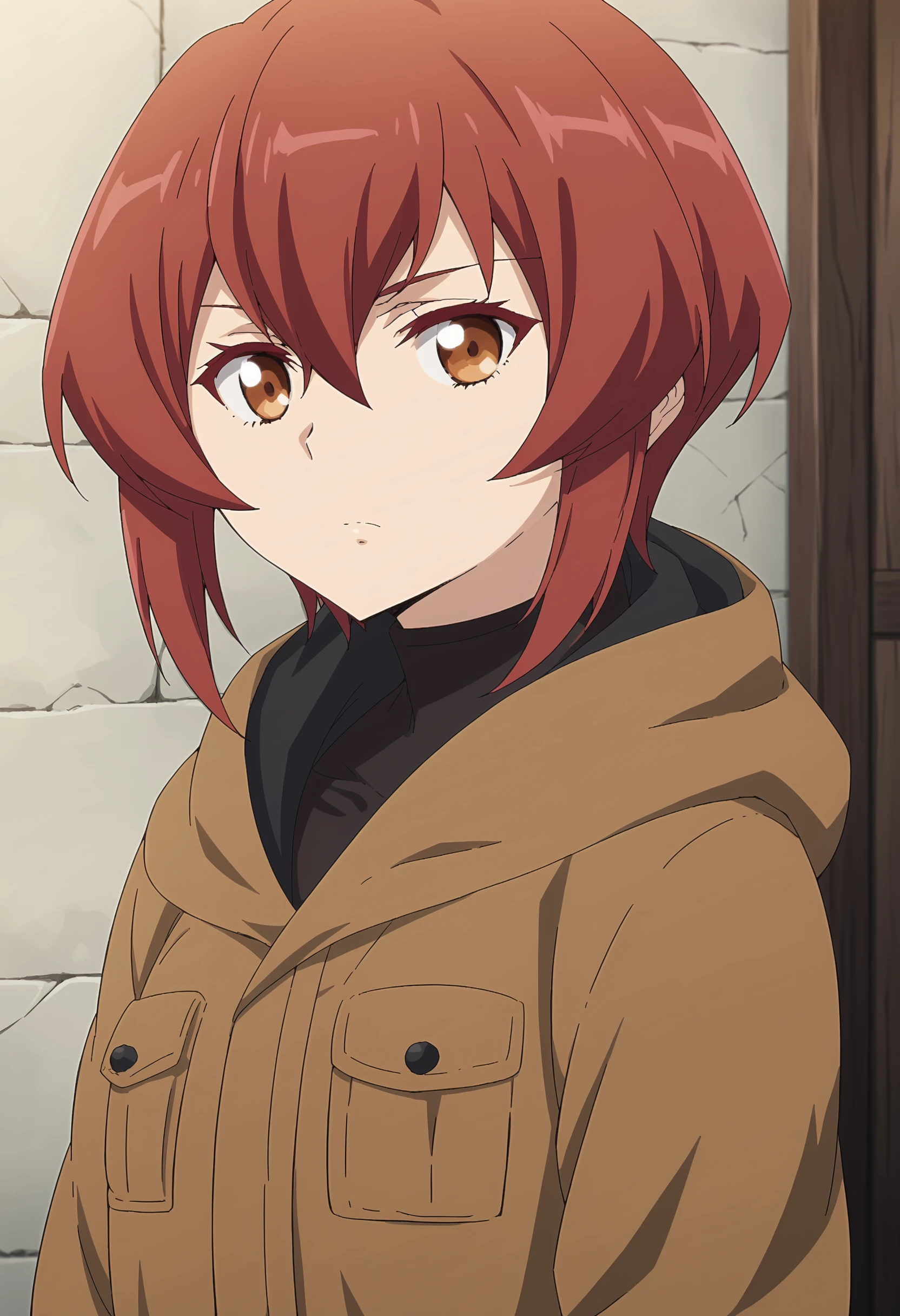 EBKurena, 1girl, solo, looking at viewer, short hair, hair between eyes, brown eyes, closed mouth, upper body, red hair, hood, coat, bandages, expressionless, pocket
<lora:xl_more_art-full_v1:0.8>,   <lora:KurenaKukumila-08:1>