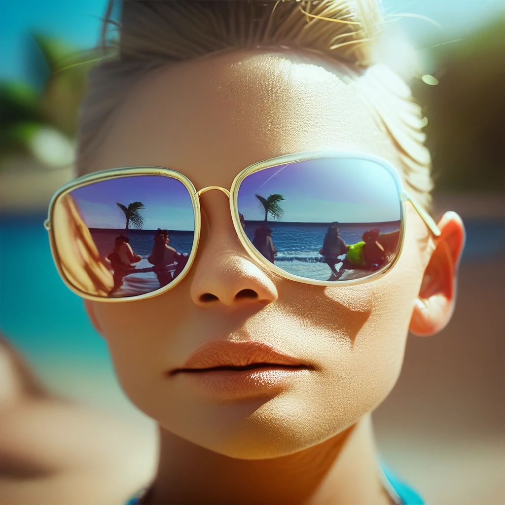 score_9, score_8_up, score_7_up, mirrored sunglasses. sunglasses, reflection, beach, closeup,