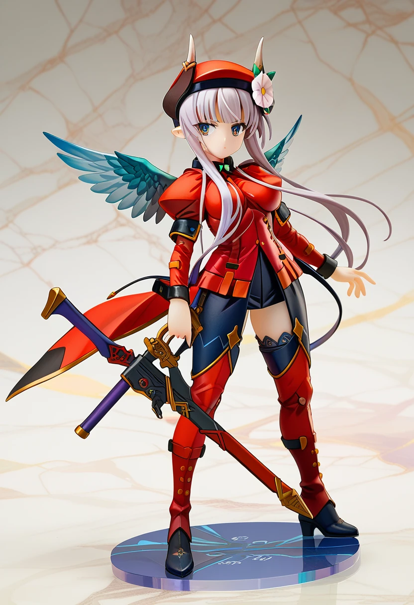 score_9, score_8_up, score_7_up, source anime, la hawzel, 1girl, solo, horns, blue eyes, weapon, thighhighs, wings, pointy ears, long hair, gun, full body, red beret, boots, standing, grey hair, red military unifom, shoulder armor, hair flower, long skirt, <lora:la_hawzel-xl-pony-v1:1>,