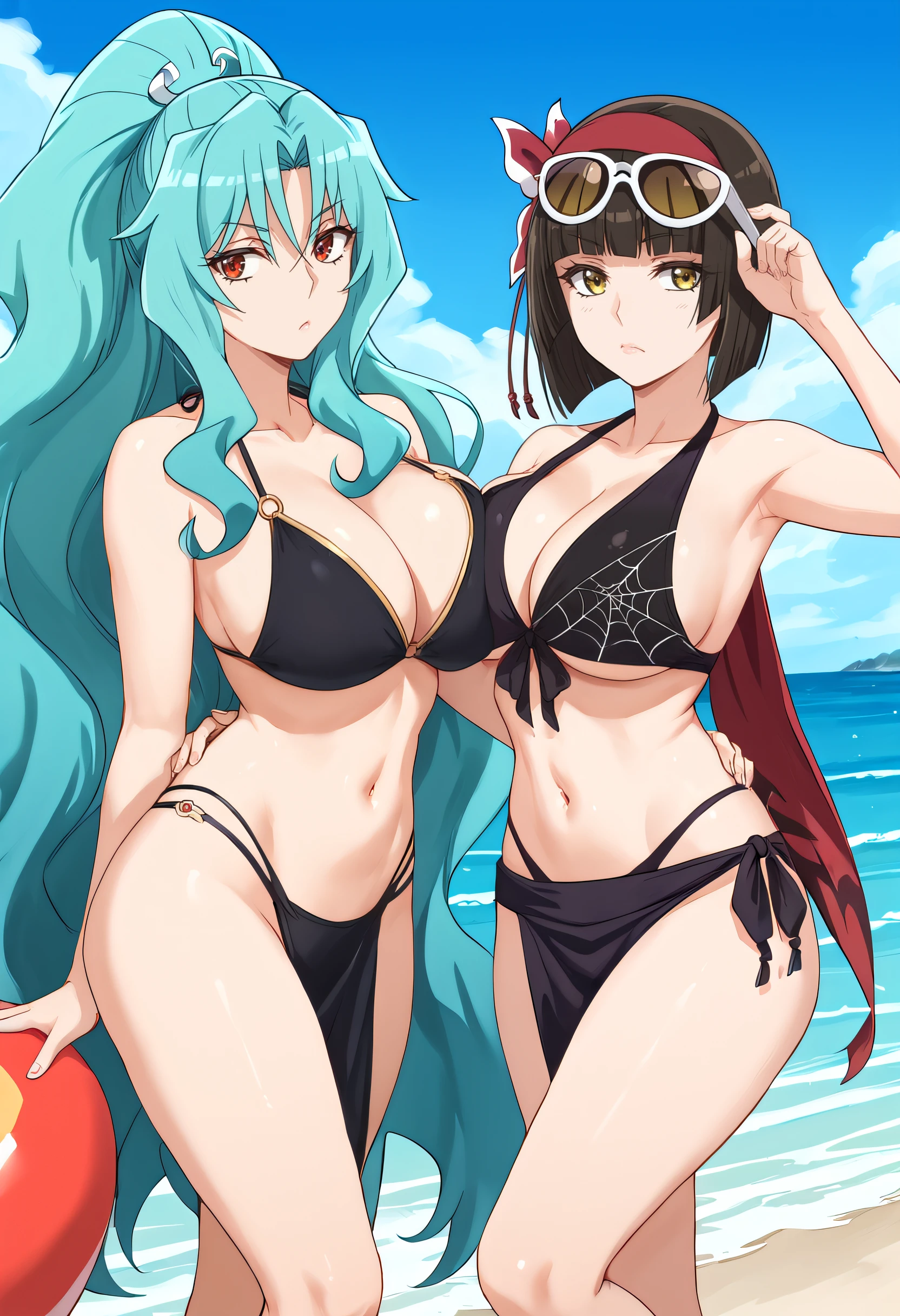 (2girls:1.2), duo, SH_Tomoe_Mio, having fun on the beach BREAK
(SH_Tomoe:1.1), huge breasts, chest bandage, white loincloth, on a beach, holding sunglasses, Arching Back BREAK
(SH_Mio:1.2), big breasts, silk black bikini, spider web print, on a beach, Standing with One Leg Crossed Over BREAK
score_9, score_8_up, score_7_up, score_6_up
<lora:SH_Mio_Tomoe:0.9>
<lora:Expressive_H:0.6> Expressiveh, Amused Chuckle