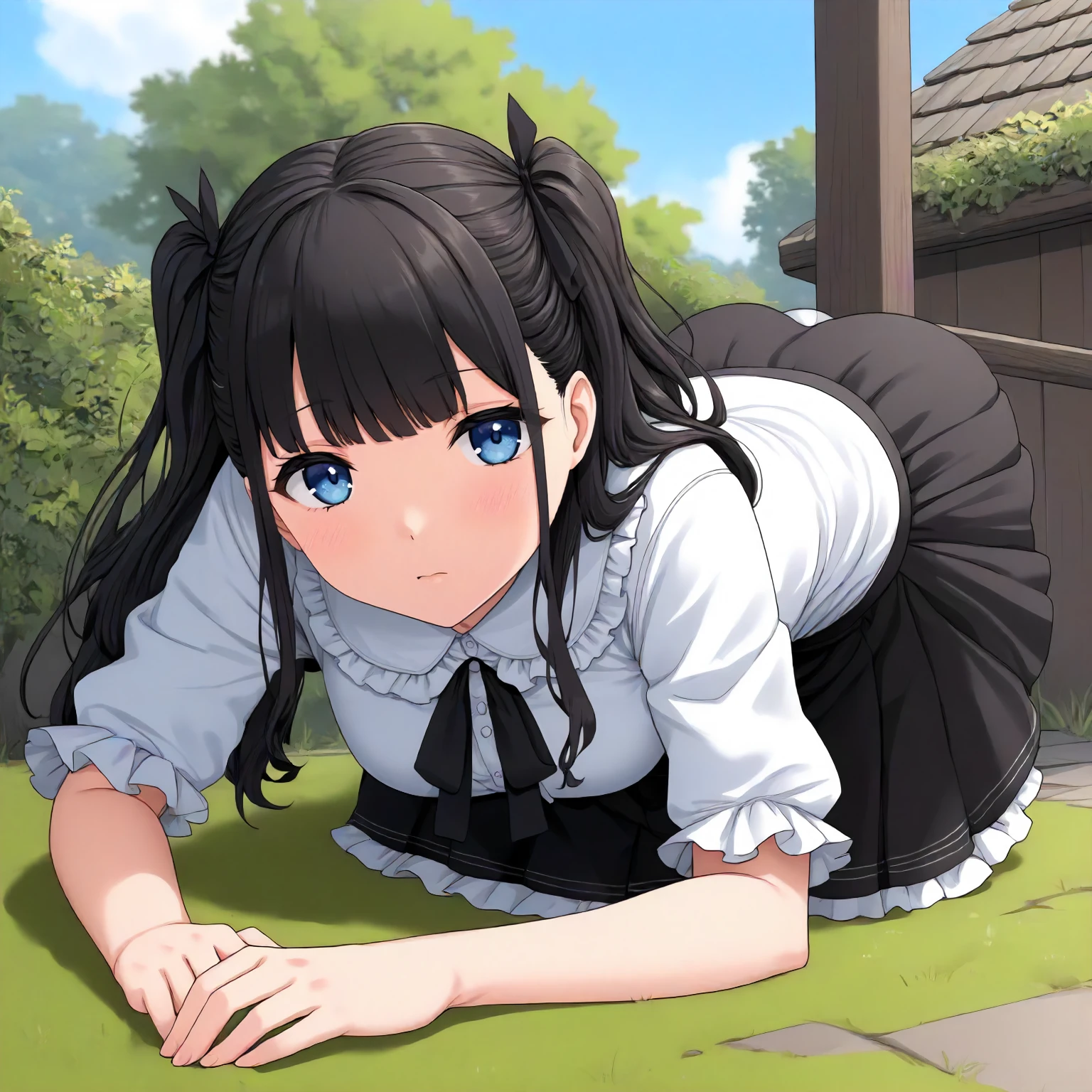 <lora:JJtYM_YusaXL001>,
outdoors,
solo,
Yusa,1girl,black hair,long hair,two -side up,blue eyes,
white shirt,frilled_shirt,
high west skirt,black skirt,
pantyhose,
all fours,