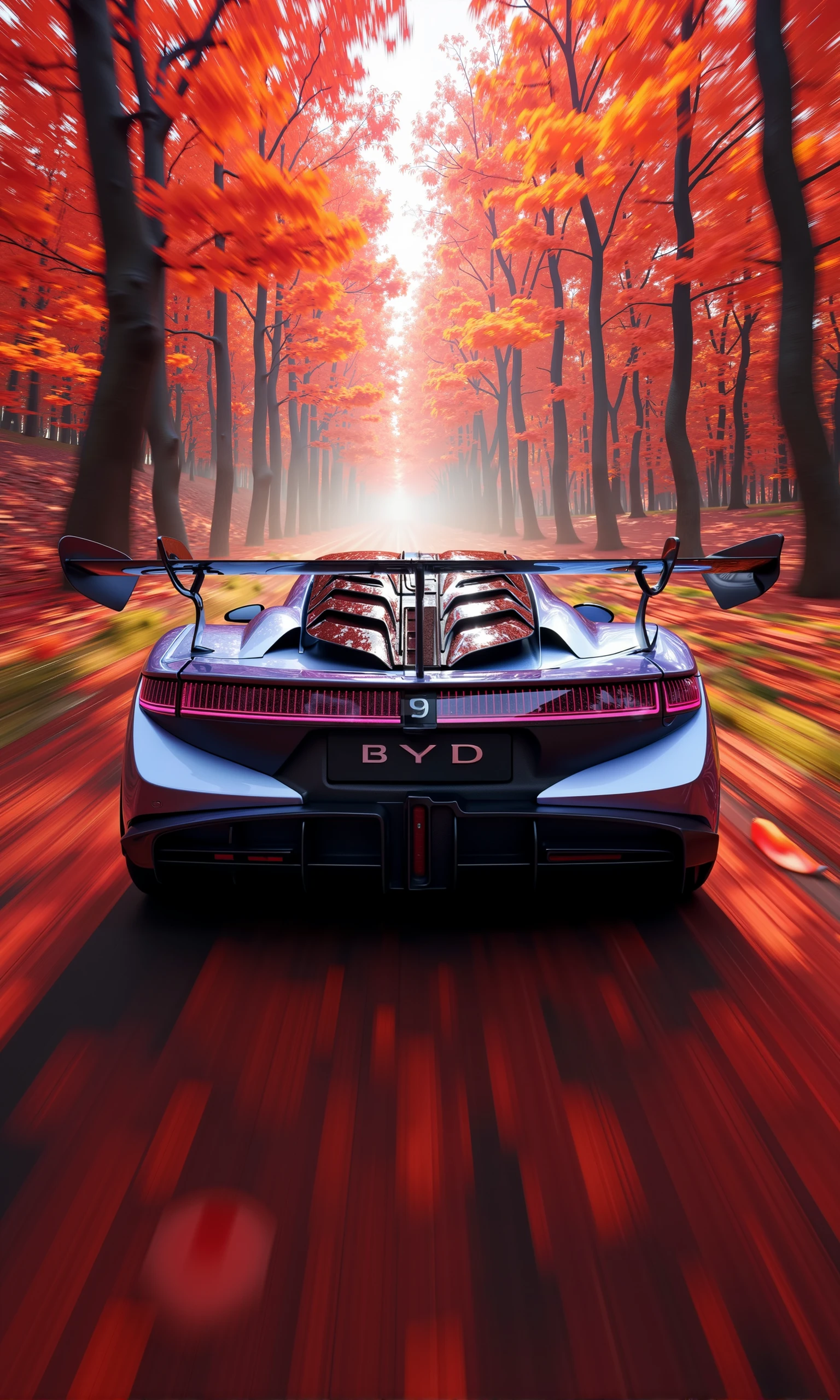 BYD,A dramatic rear shot of a BYD U9 hypercar speeding through a forest blanketed in vibrant red and orange autumn leaves. The car’s sleek design and rear wing are highlighted as it tears through the scene, kicking up a flurry of leaves in its wake. The cool, metallic blue accents on the car contrast sharply with the warm, fiery tones of the fall foliage. The atmosphere is dynamic and intense, with motion blur emphasizing the car’s speed. Soft light filters through the trees, casting dappled shadows on the ground, while the BYD U9’s taillights glow, adding to the high-energy, cinematic feel of the scene.