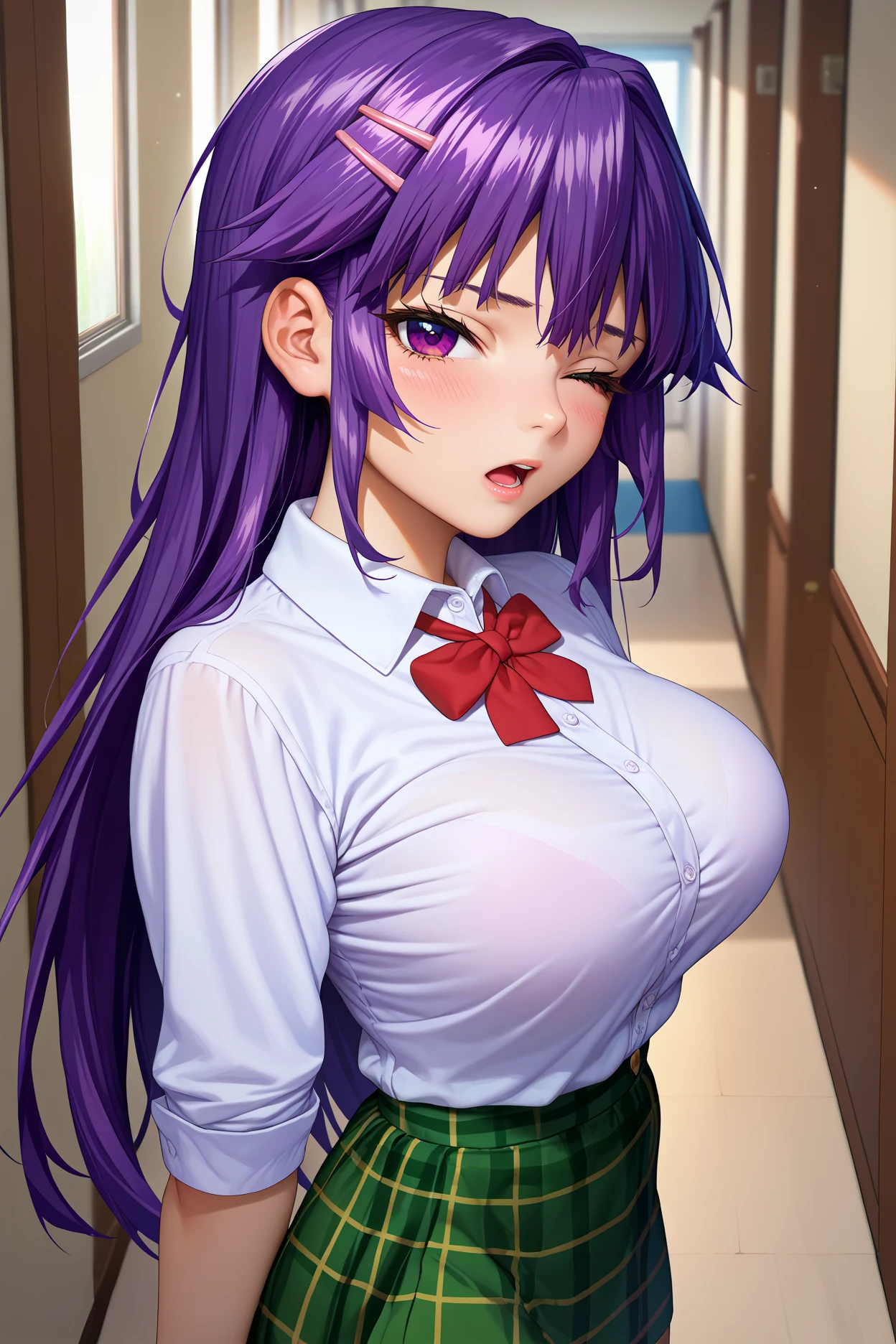 score_9, score_8_up, score_7_up, score_6_up, source_anime, 1girl, solo, <lora:shiinachizuru-pdxl-nvwls-v1-000005:1> schzru, purple hair, long hair, purple eyes, hairclip, large breasts, white shirt, collared shirt, breasts, looking at you, green skirt, plaid skirt, indoors, hallway, bedroom, closed eyes, blush, thighs, open mouth, from side