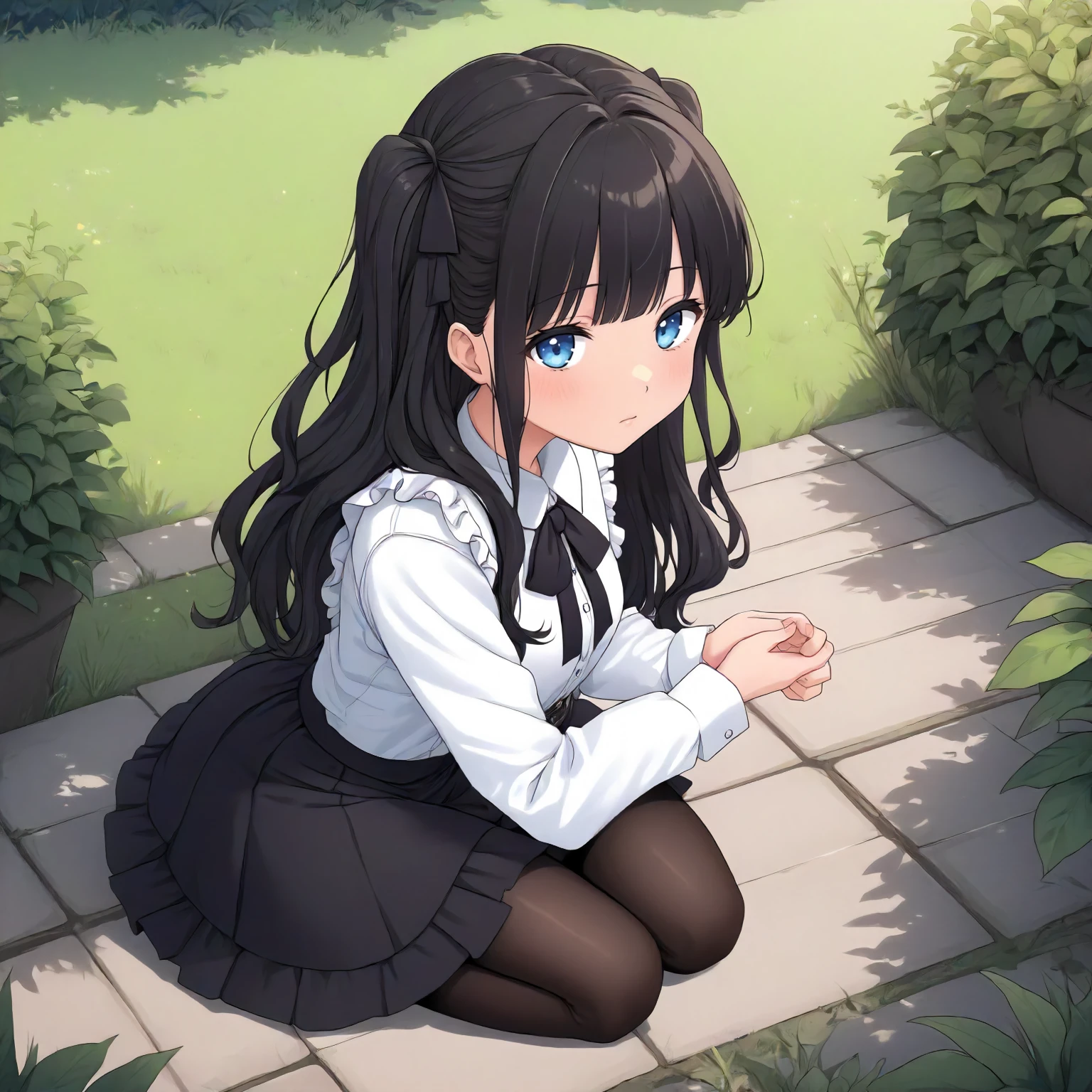 <lora:JJtYM_YusaXL001>,
outdoors,
solo,
Yusa,1girl,black hair,long hair,two -side up,blue eyes,
white shirt,frilled_shirt,
high west skirt,black skirt,
pantyhose,
kneeling,