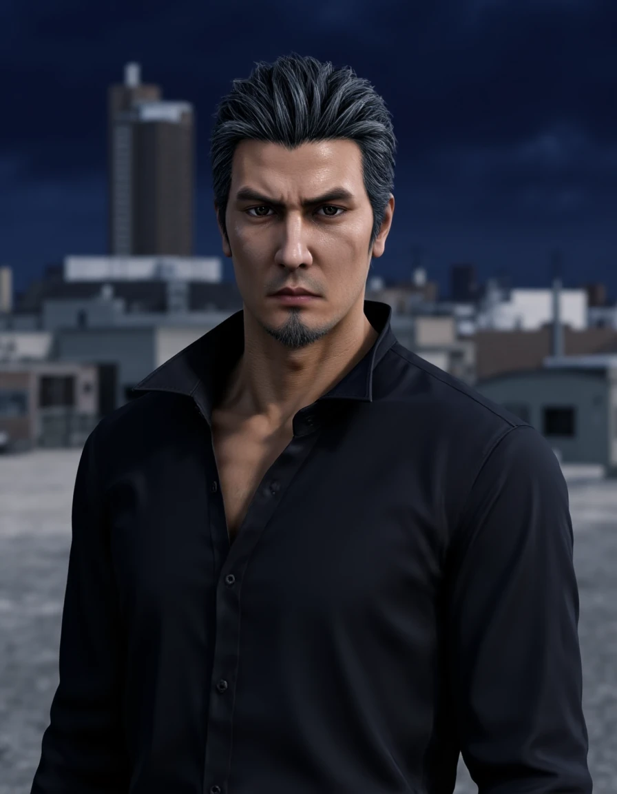 <lora:Kazuma_Kiryu_IW:0.9> Portrait of Kazuma Kiryu. He has slicked-back hair and wears black long-sleeved shirt. The background implies a Japanese skyscraper's rooftop at night.