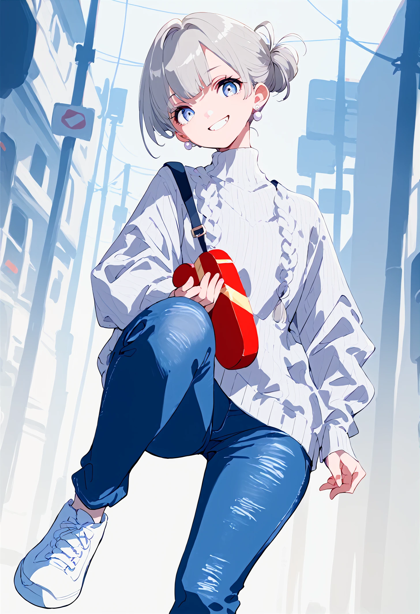 score_9,score_8_up,score_7_up,source_anime,1girl,solo,grin,multi-tied hair,(Grey cashmere sweater:1.2),(Black denim:0.8) long pants,Pearl earrings,(White sneakers:1.1),looking at viewer,full body,dynamic_angle,valentine,