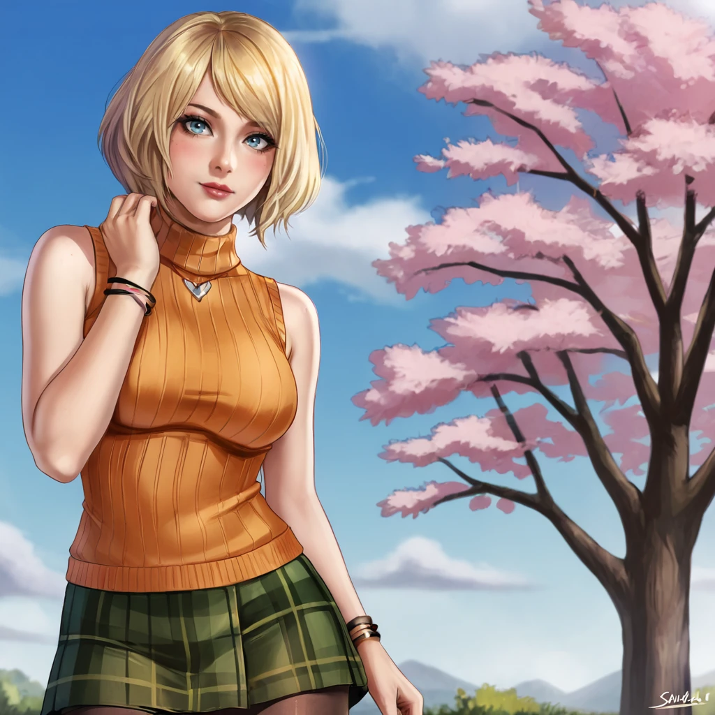 <lora:ashleyre4remake_pony_v1:.8>Ashley, 1girl, blonde hair, orange sweater, sleeveless turtleneck, short hair, orange shirt, pantyhose, plaid skirt, bob cut, jewelry, bare shoulders, lips, miniskirt, bracelet, cowboy shot