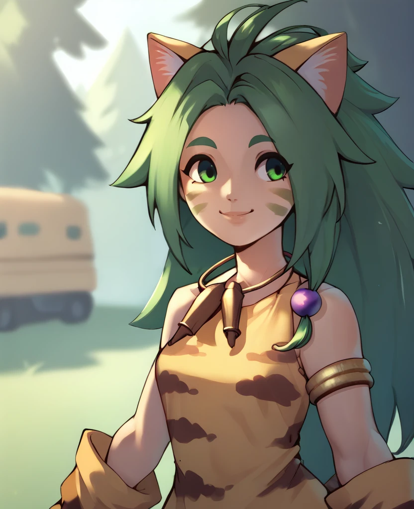 score_9,score_8_up,score_7_up,score_6_up,
cchamxl,green eyes,green hair,long hair,green facial mark,animal ears,hair bead,
animal print dress,necklace,cat gloves,smile,
standing,
camp,night,<lora:ChamChamXL:1>,