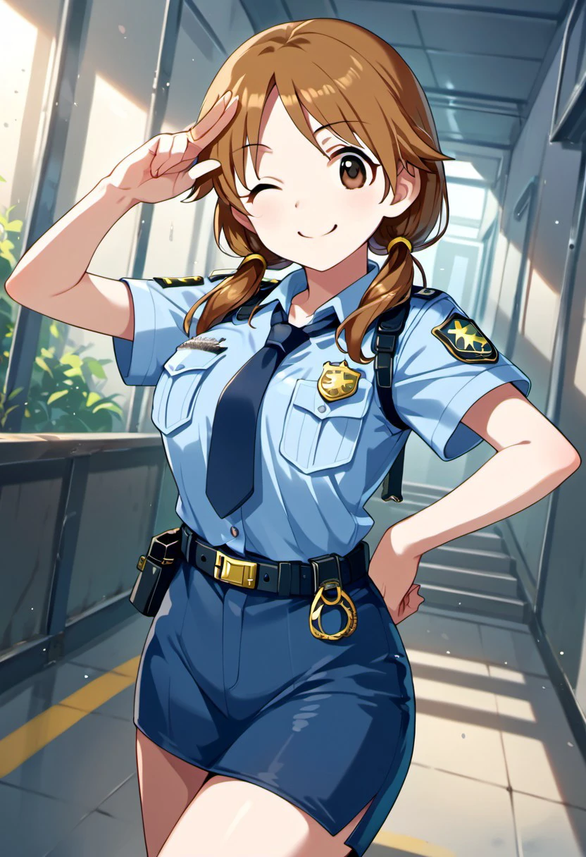 score_9, score_8_up, score_7_up, source_anime,katagiri sanae, brown hair, brown eyes, low twintails, 1girl, whistle, one eye closed, twintails, solo, police uniform, uniform, police, policewoman, necktie, smile, belt