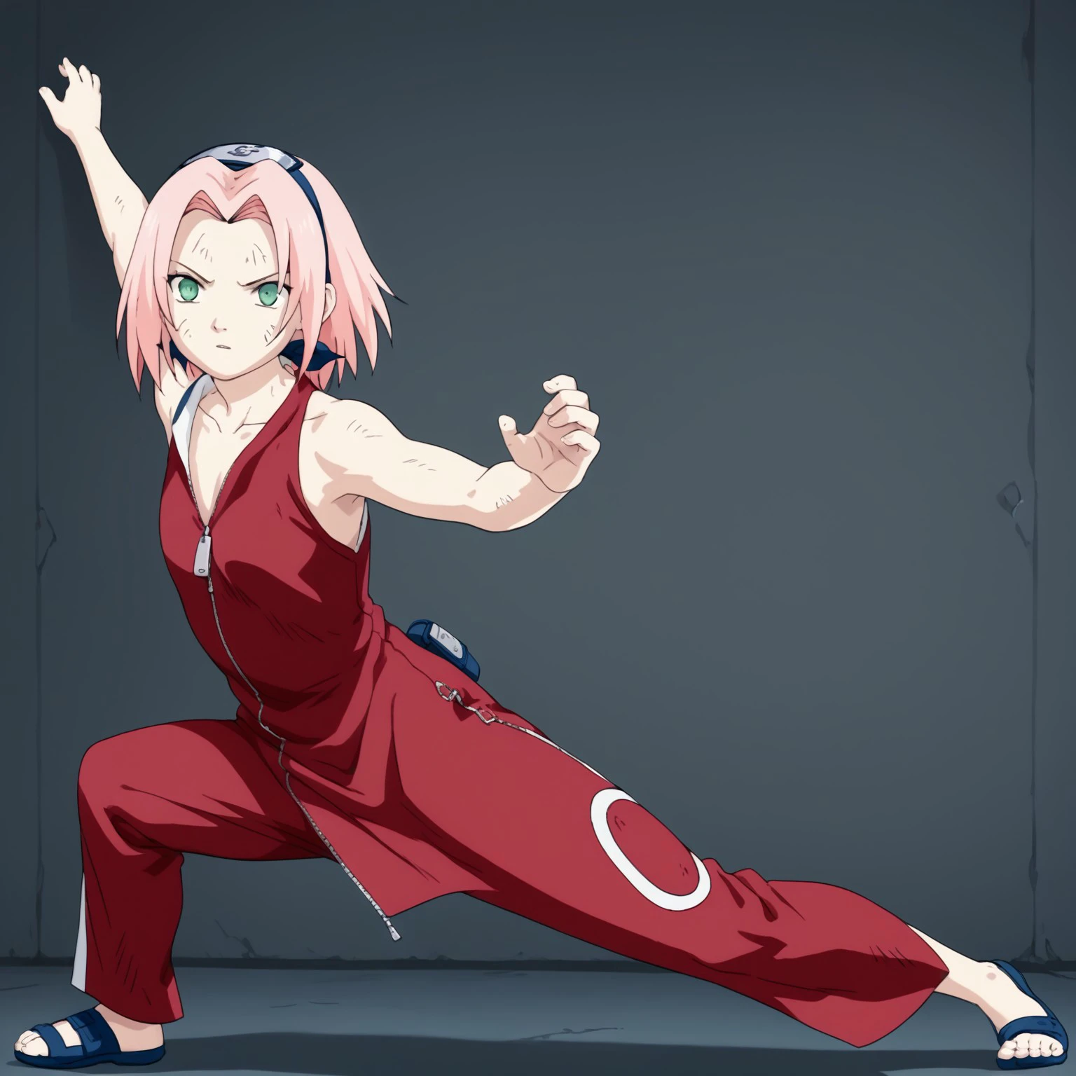 
score_9, score_8_up, score_7_up, (())
,
((( 1girl, solo, Tigermb, stance, fighting stance)))
,
(( ))
,
((( full body view )))
,
((( )))
,
(((<lora:sakura-haruno-s1-ponyxl-lora-nochekaiser:1>, sakura haruno, medium hair, green eyes, pink hair, parted bangs, dress, bare shoulders, collarbone, sleeveless, sleeveless dress, zipper, zipper pull tab, forehead protector,))
,
(( Indoor, white modern wall  ))
,
(((  )))
,
((((  ))) 