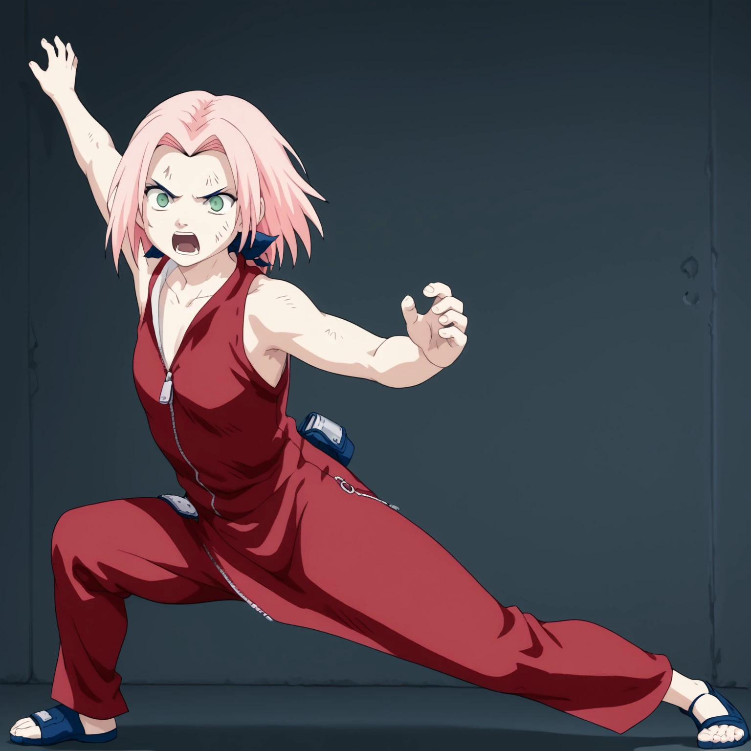 
score_9, score_8_up, score_7_up, (())
,
((( 1girl, solo, Tigermb, stance, fighting stance, roar, screaming)))
,
(( ))
,
((( full body view )))
,
((( )))
,
(((<lora:sakura-haruno-s1-ponyxl-lora-nochekaiser:1>, sakura haruno, medium hair, green eyes, pink hair, parted bangs, dress, bare shoulders, collarbone, sleeveless, sleeveless dress, zipper, zipper pull tab, forehead protector,))
,
(( Indoor, white modern wall  ))
,
(((  )))
,
((((  ))) 