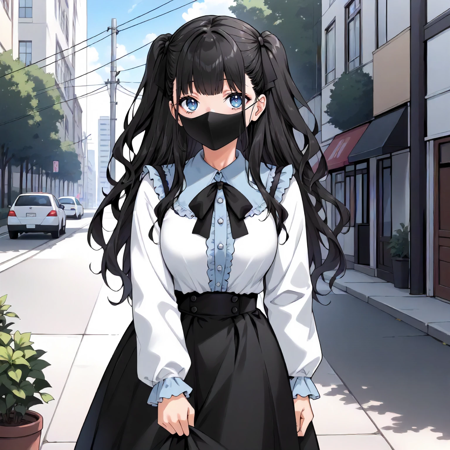 <lora:JJtYM_YusaXLpony002>,
outdoors,
solo,
Yusa,1girl,black hair,long hair,two -side up,blue eyes,
black mask,
white shirt,frilled_shirt,long_sleeves,
high west skirt,black skirt,
standing,