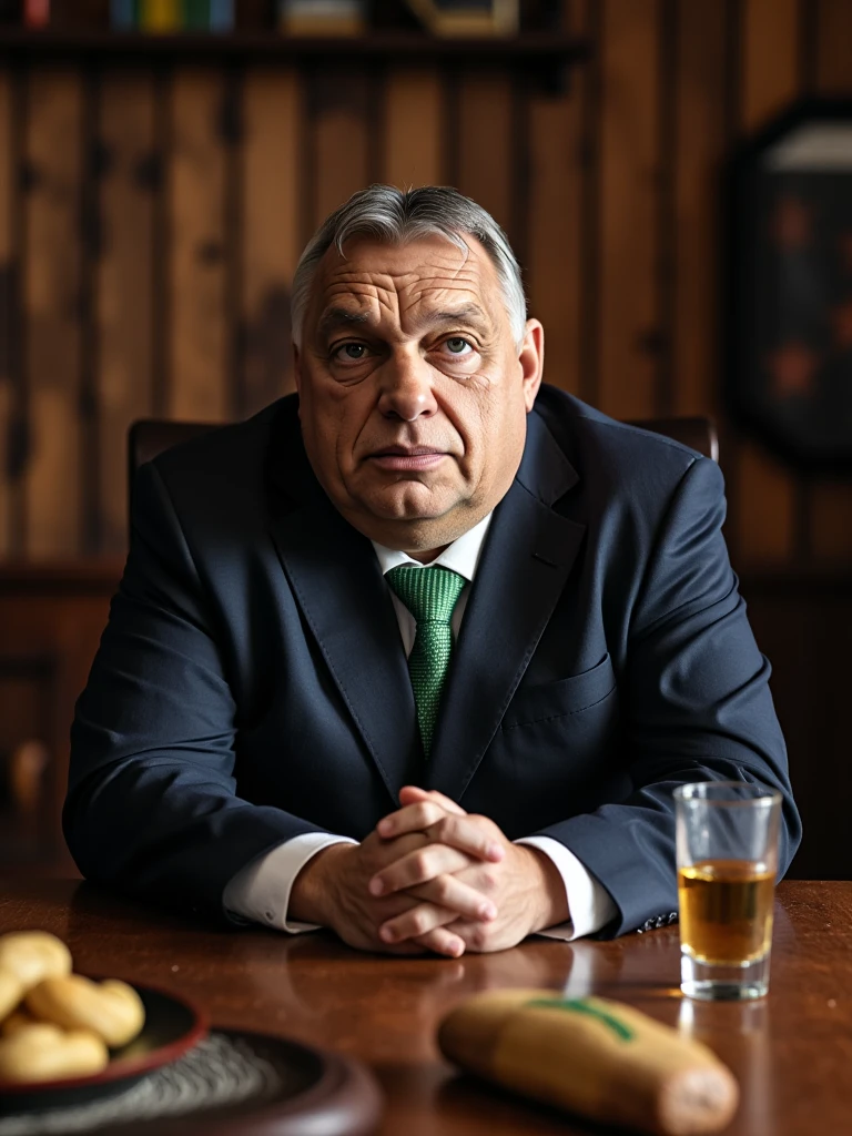 A chest-up shot of 61-year-old slightly overweight Viktor Orbán, sitting at a rustic wooden table. On the table in front of him are traditional Hungarian kolbász and a shot of pálinka. Orbán, with his signature serious expression, looks focused as if deep in thought. The scene is cozy and warm, with traditional Hungarian decor in the background, casting a soft glow on the table and its contents.