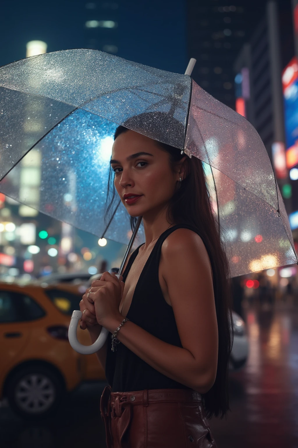 Instagram photo of a young woman G41G4d0t standing outdoors in what appears to be a bustling urban area. She is holding a transparent umbrella, which catches the light from the surrounding cityscape. The background features tall buildings, bright city lights, and busy streets, creating a lively and dynamic atmosphere. The woman’s expression is calm as she stands amidst the urban setting, with raindrops visible on the umbrella. The overall scene has a modern, cinematic fee