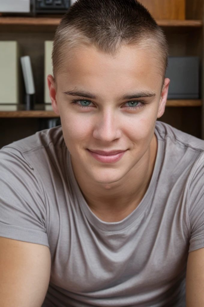 solo, highest resolution highly detailed photograph. hlaf body shot, portrait, looking at viewer, wearing a t-shirt, Abby, Twink, perfecteyes, working in a office