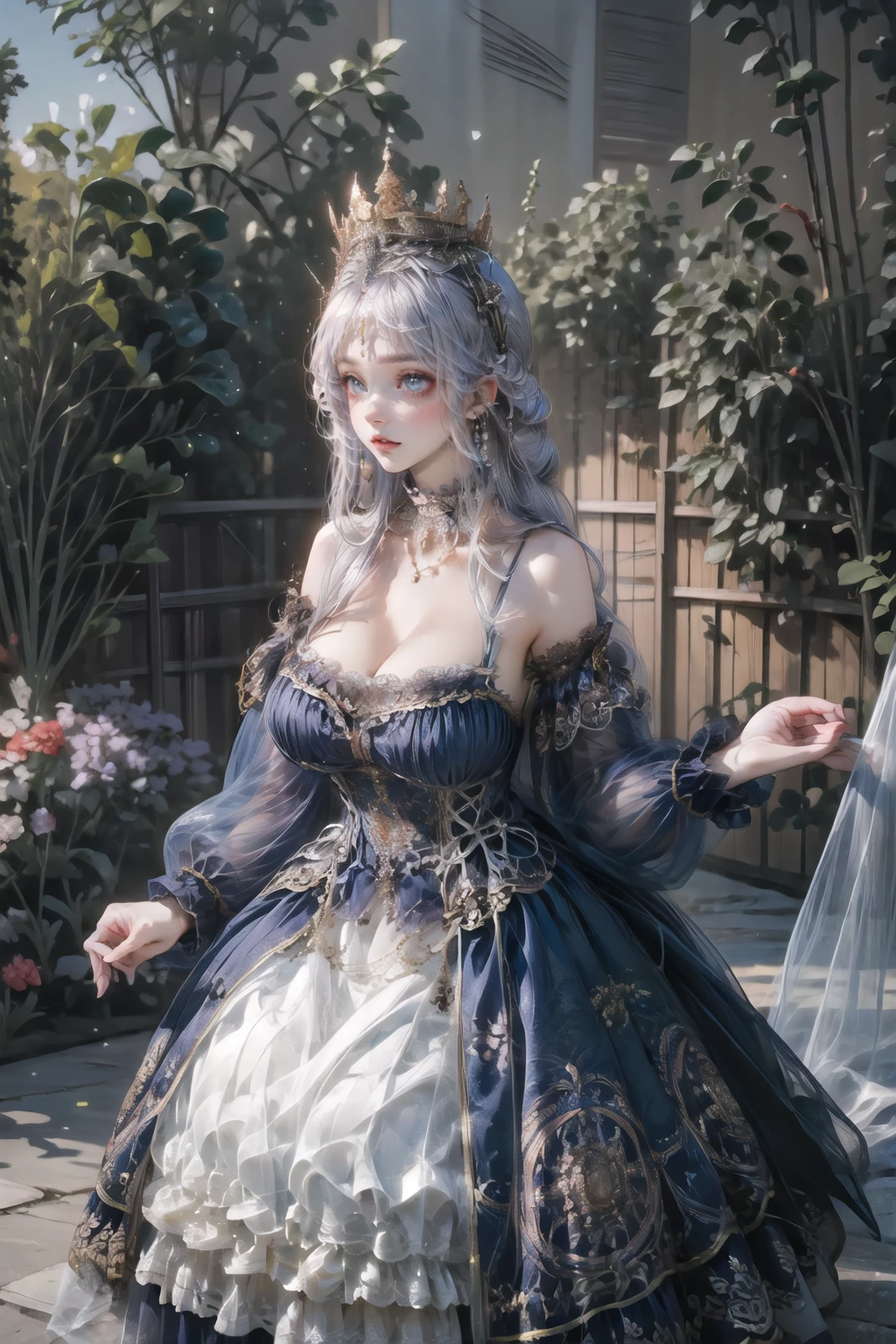 (masterpiece, best quality:1.2),illustration,8k,hd,1 girl,very long hair,standing,solo,(POV, looking at viewe:1.2),(silver hair:1.2),cxzg,dress,cyan dress,tiara,detached sleeves,jewelry,necklace,frills,lace,cross-laced clothes,crown,big breasts, (cleavage:1.4), bouncing breasts, (NSFW:1.2),(garden, outdoors :1.4),european princess,