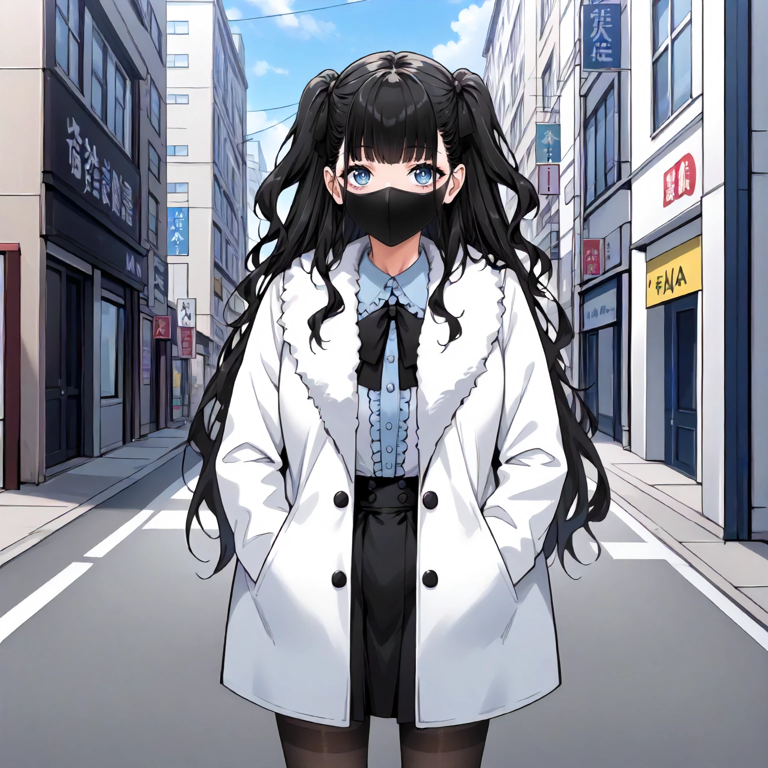 <lora:JJtYM_YusaXLpony002>,
outdoors,
solo,
Yusa,1girl,black hair,long hair,two -side up,blue eyes,
black mask,
white coat,fur coat,white shirt,frilled_shirt,
high west skirt,black skirt,
pantyhose,
standing,