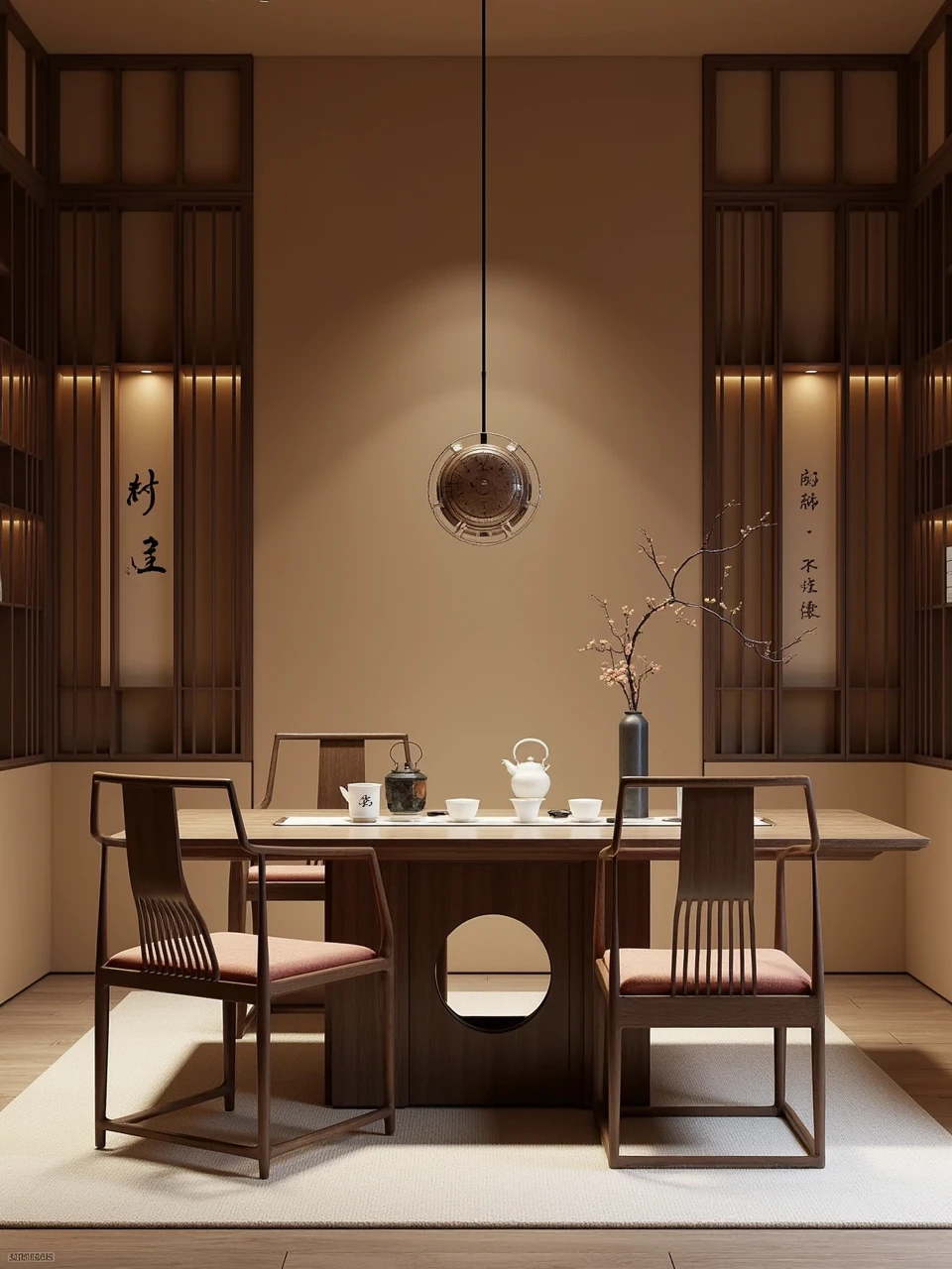 A tea room designed with Song Dynasty aesthetics,featuring exquisite furniture,an elegant layout,and a strong sense of symmetry,captured with superb photographic skill.,
1. **Furniture**: Minimalist and refined,the wooden tea table and chairs are symmetrically arranged,emphasizing balance and harmony.,
2. **Layout**: The space is designed with a deliberate and graceful arrangement,creating a serene and inviting atmosphere.,
3. **Symmetry**: The room's elements are carefully placed to reflect the era's love for symmetrical beauty,enhancing the overall aesthetic.,
4. **Photography**: The photographer's keen eye for detail and lighting captures the essence of the tea room,highlighting its tranquility and elegance.,
This tea room is a harmonious blend of ancient aesthetics and modern design,offering a peaceful retreat for tea enthusiasts.,