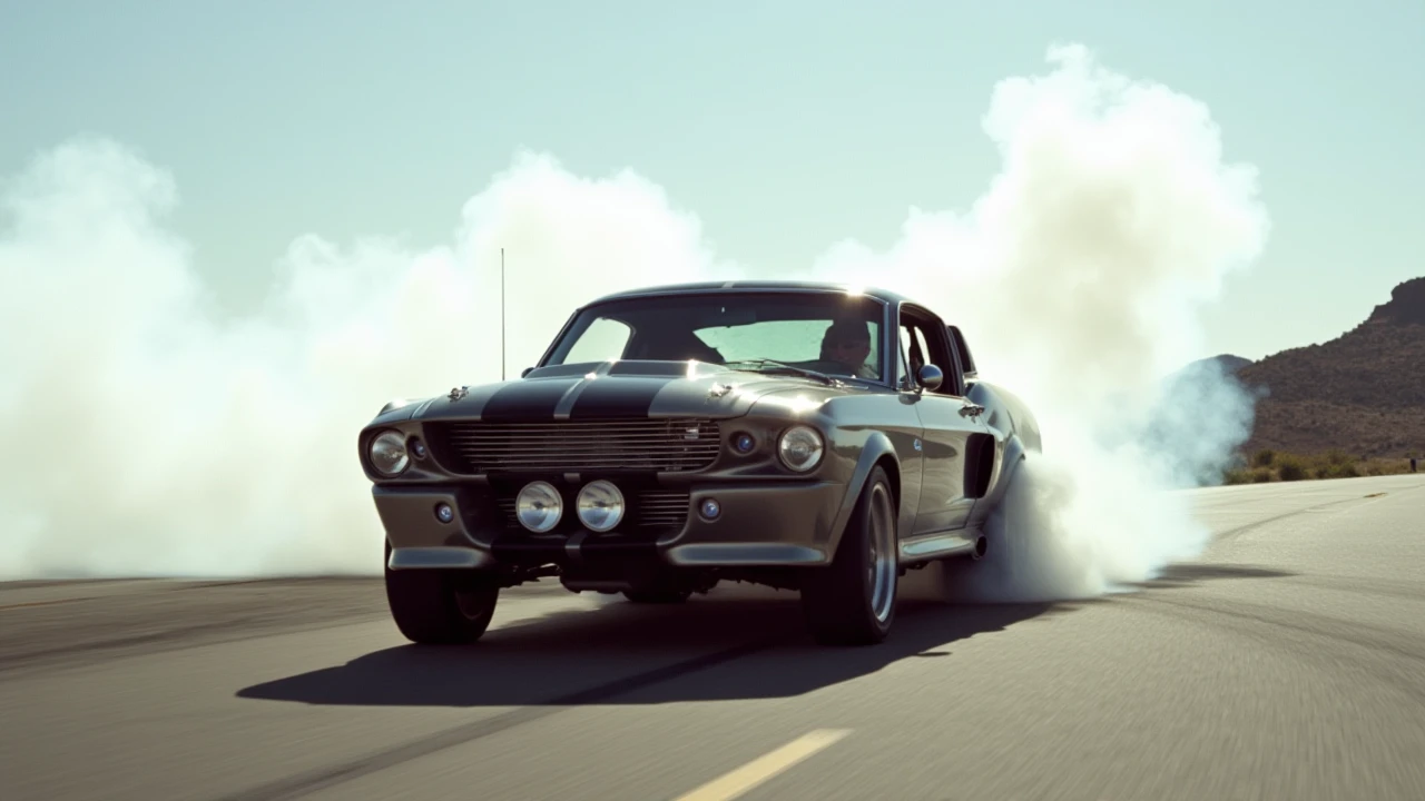 a Photo of a grey metallic 1967 shelby gt500,doing a burnout,smoke,(numberplate says <eleanor>:1.3),beautiful rims,at On a remote island road,1970,dramatic camera angle,Los Angeles,sunny,analog style, <lora:eleanor:1>