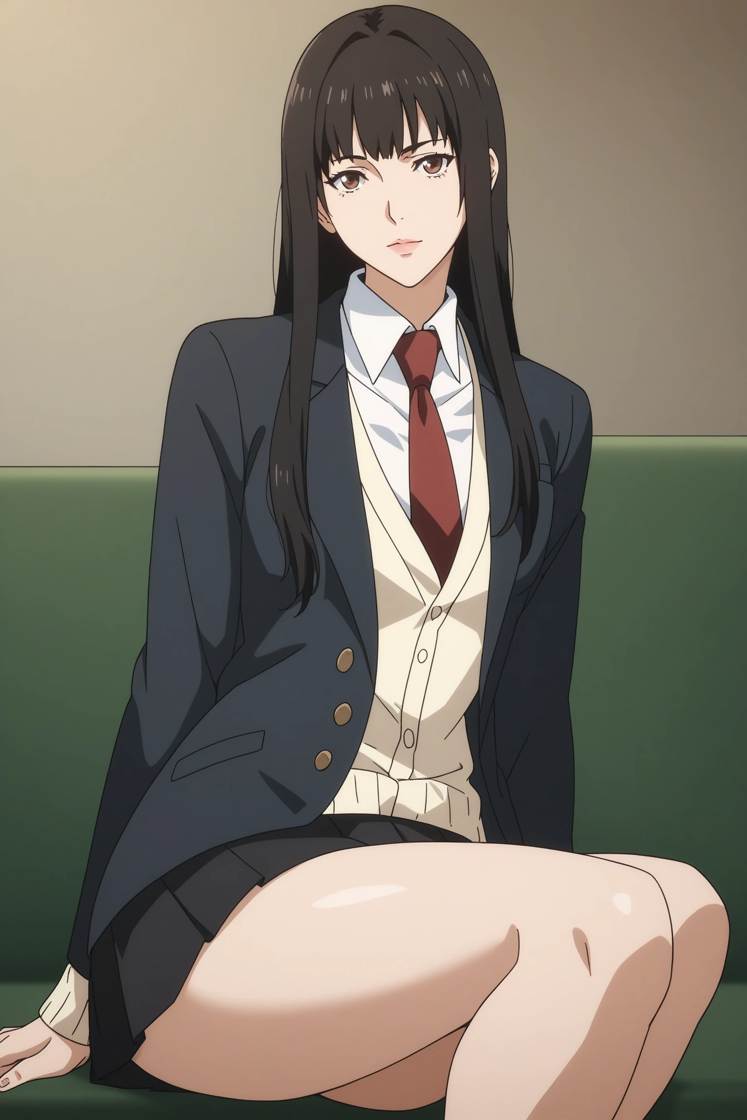 score_9, score_8_up, score_7_up, score_6_up, score_5_up, source_anime, rating_safe, small breasts, indoors, 1girl, solo, looking at viewer, <lora:age_slider_v4:3>, inuyashiki mari, long hair, black hair, bangs, brown eyes, school uniform, blazer, black jacket, white shirt, collared shirt, red necktie, yellow sweater, black skirt, pleated skirt, white kneehighs, loafers, <lora:Mari_Inuyashiki:0.8>, (upper body:1.2)