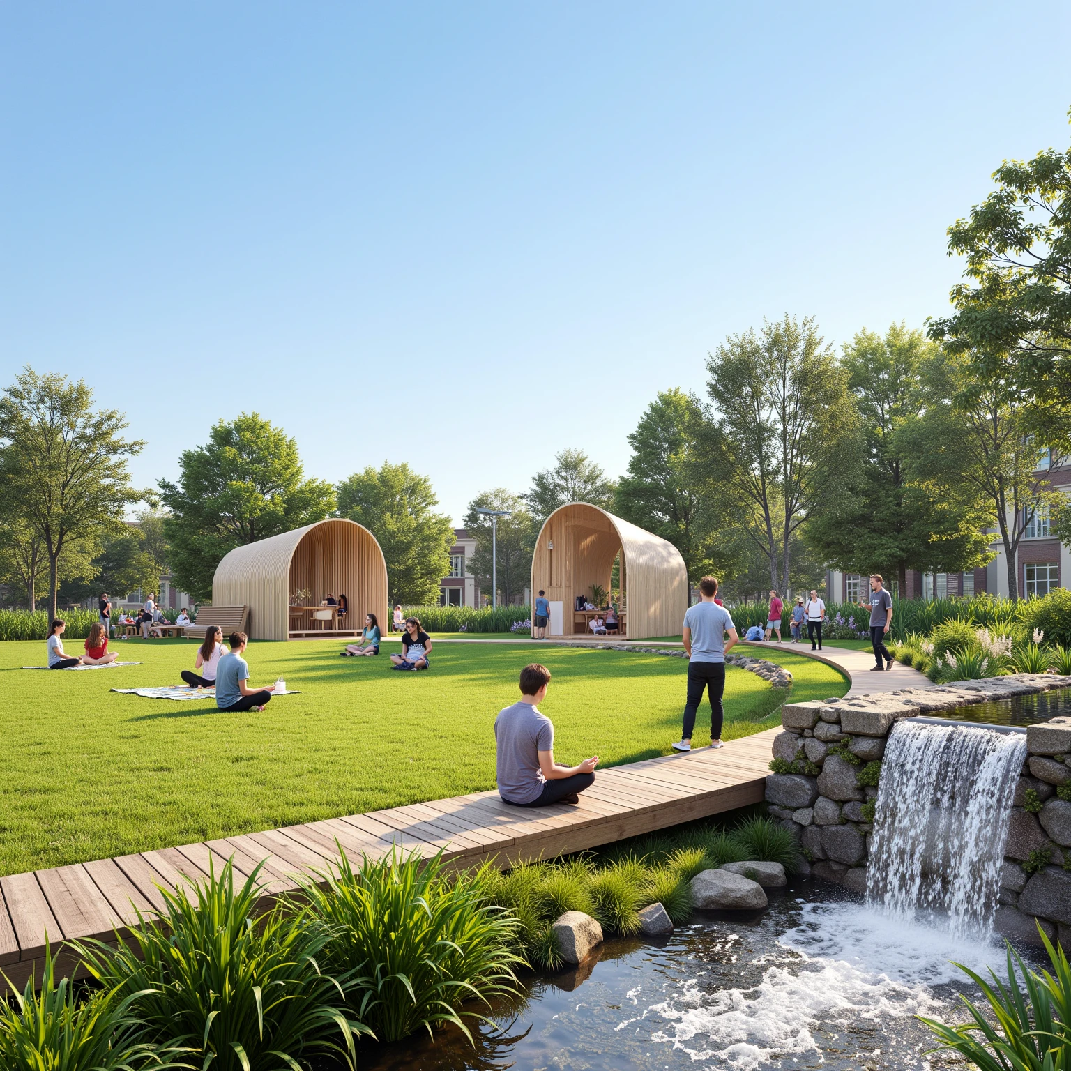 The image depicts a modern architectural setting with a curved wooden structure. There's an open grassy area where several individuals are seated, some in meditation postures. A few people are walking around the vicinity, and there's a water feature with cascading water near a wooden pathway. The environment seems serene, with lush greenery and clear blue skies.