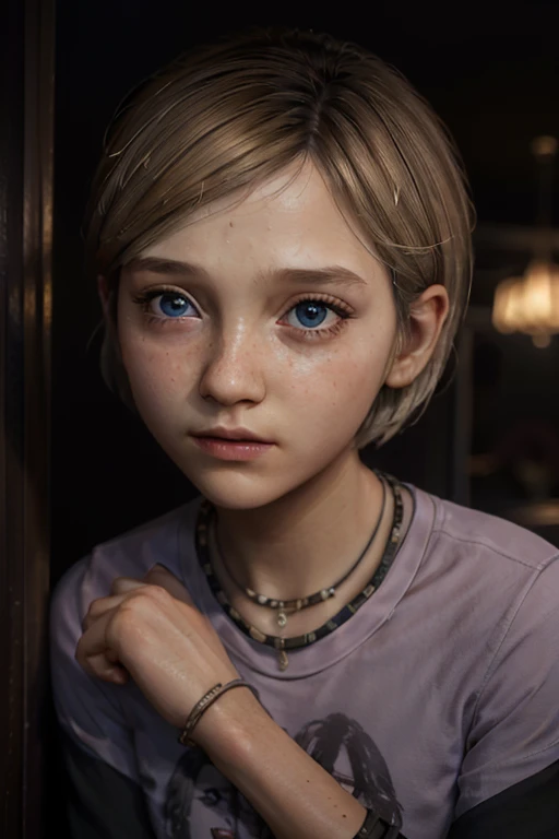 A stunning and intricate full color Ultra-HD portrait, 12 year old girl, short blonde hair, blue eyes, perfectly detailed face, wearing pink long sleeve t-shirt, necklace (black logo), bracelet, in a house, epic character composition, sharp focus, natural lighting, subsurface scattering, f2, 35mm,