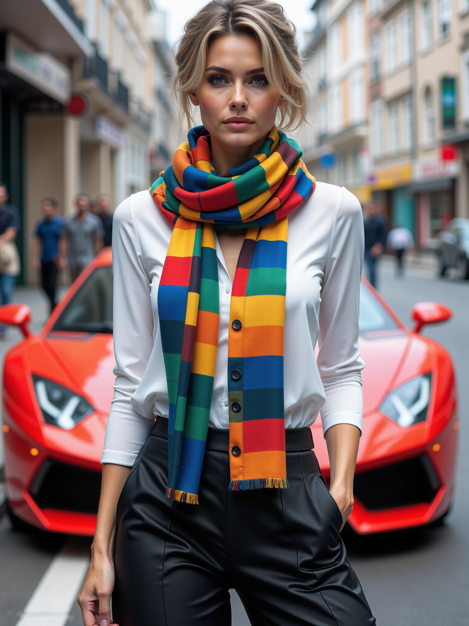 woman wearing a mad-clrflchckr scarf, black skirt and white top in front of a red sports car, city <lora:colorful-checker-flux:1.0>