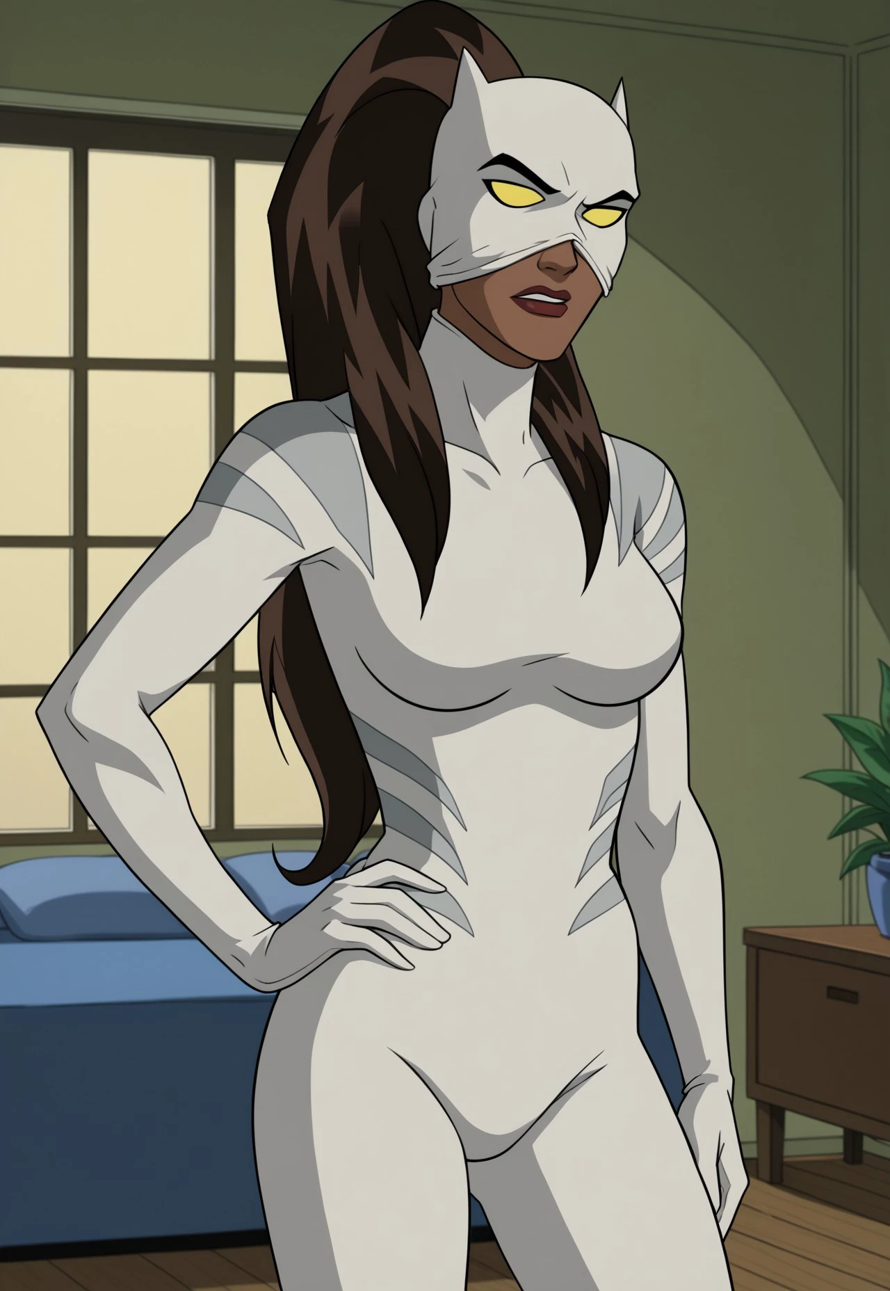 priyanka maheswaran, masterpiece, best quality, 1girl, solo, brown hair, long hair, dark skin, completely nude, vagina, breasts, wide hips, hospital hallway, open labcoat, choker, high heels, long sleeves, dark-skinned female, looking grumpy, full body, black eyes