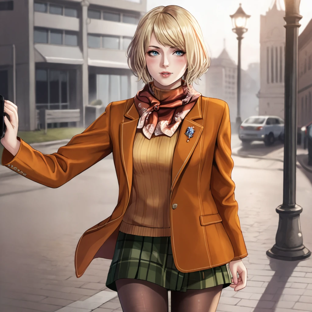 <lora:ashleyre4remake_pony_v1:.8>  AshleyJacket, 1girl, blonde hair, plaid skirt, short hair, pantyhose, jacket, sweater, scarf, turtleneck, coat, cowboy shot