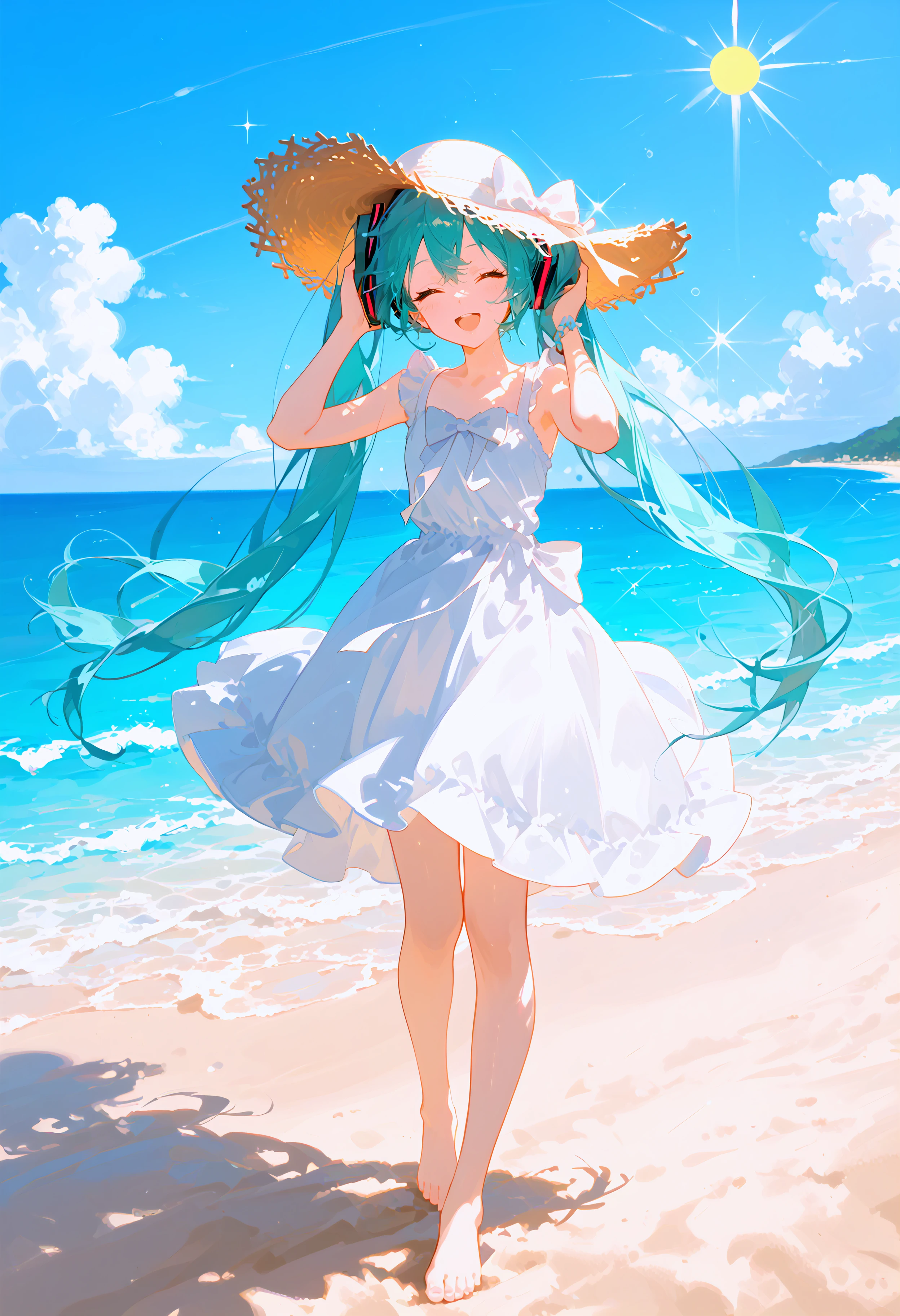 Light blue long hair、Beautiful girl with twin tails、Bright smile、Running on the beach wearing a hat、My cute dog is running too、Bigger in the center、looking at the camera、Flower field on the beach、