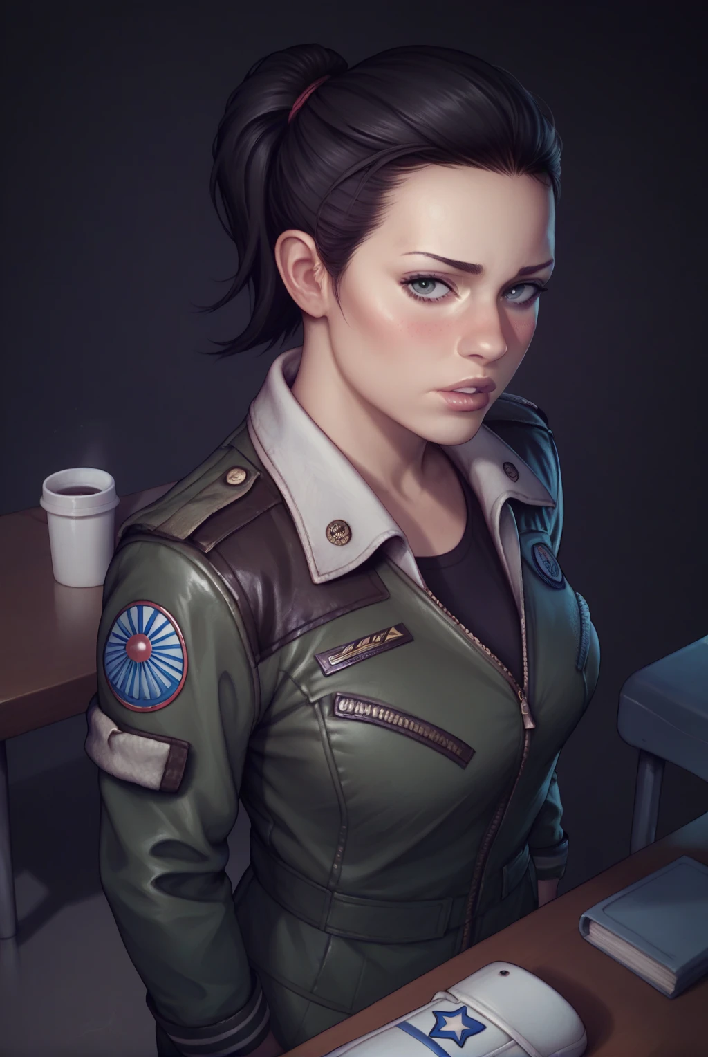 score_9, score_8_up, score_7_up, 1girl, Amanda_Ripley, black hair, ponytail, jacket, uniform, military, parted lips, blush, filmgrain, realistic, photorealism, table, standing, dark background, spaceship, looking at viewer, from above, white sneakers