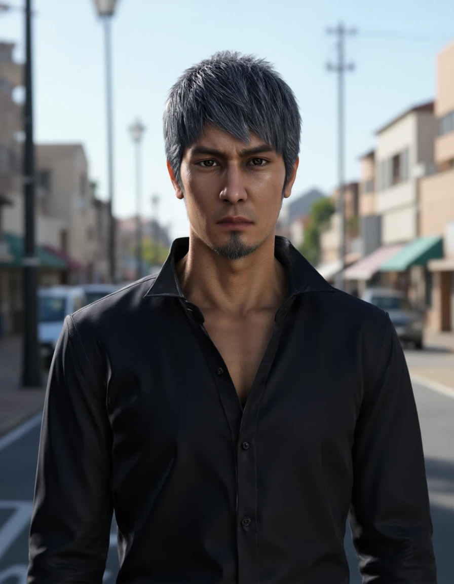 <lora:Kazuma_Kiryu_IW:1> Portrait of Kazuma Kiryu. He has messy hair and wears black long-sleeved shirt. The background implies Hawaii street at daytime.