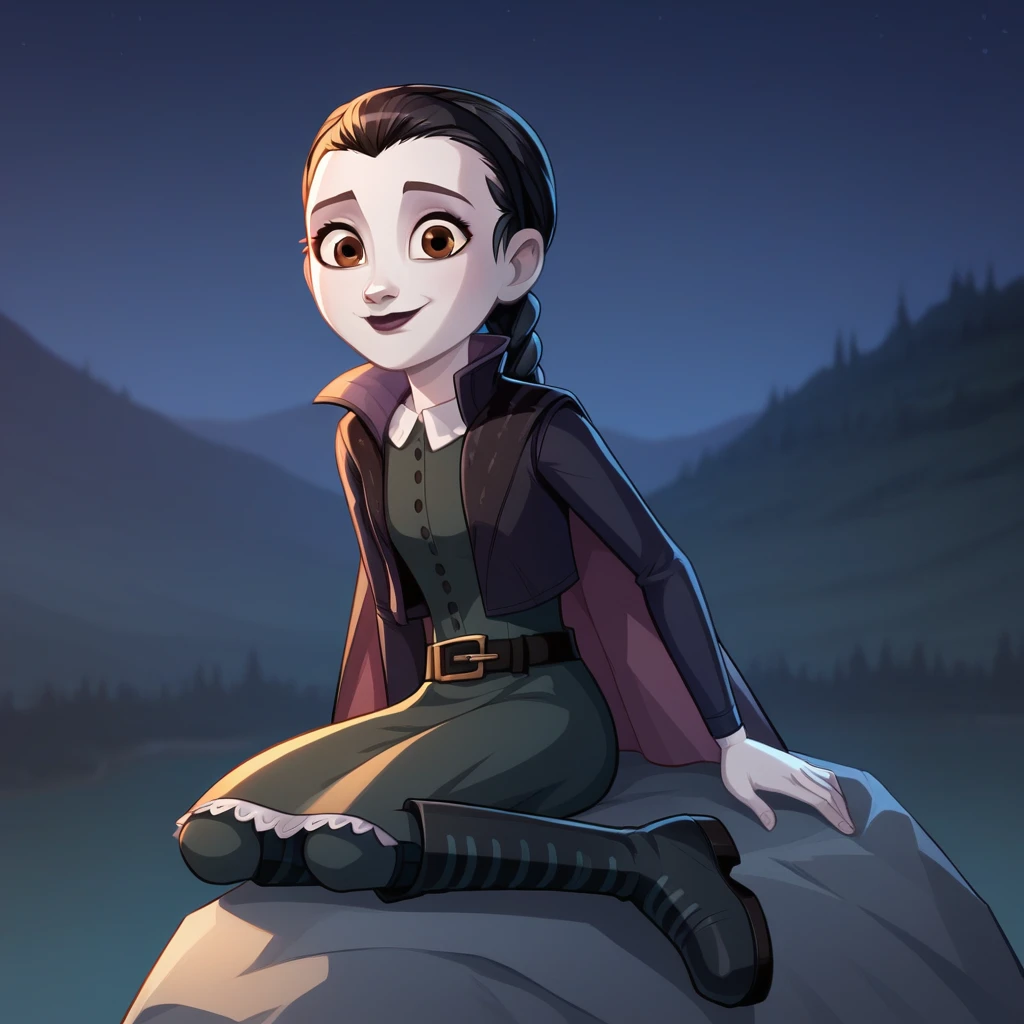 score_8_up, BREAK, AnnaSackville, 1girl, solo, black hair, braided ponytail, brown eyes, pale skin, lipstick, headband, dress, black belt,   open jacket, cropped jacket, short cape, boots,  <lora:Anna_Sackville-Bagg_PXL_Leaf3:0.8>,  outdoors, night, smile, closed mouth, sitting on rock,